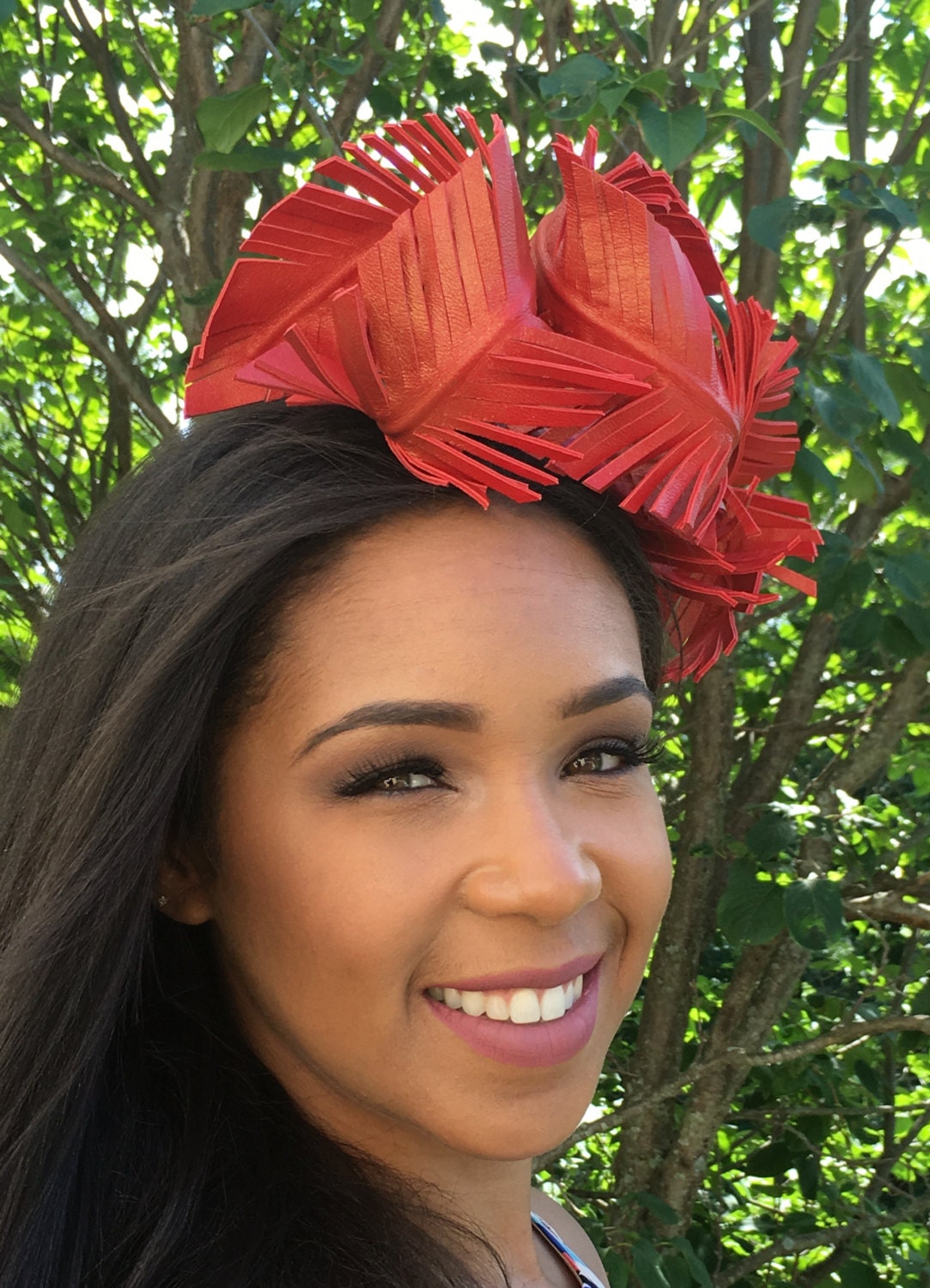 RED Leather Feather Fascinator- CHRISTMAS Hat- VALENTINE'S Hat- Wedding-Bridal Headpiece-Race Wear Hat-Polo Hat-Teen-Holiday Gift !