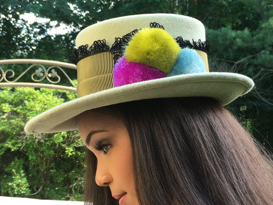 Pale Green Velour Top Hat with silk Pom-Pom's-Winter Races-Polo-Weddings-Bridal-Birthday-Holiday-Thanksgiving-Church ... any fun event !!!!