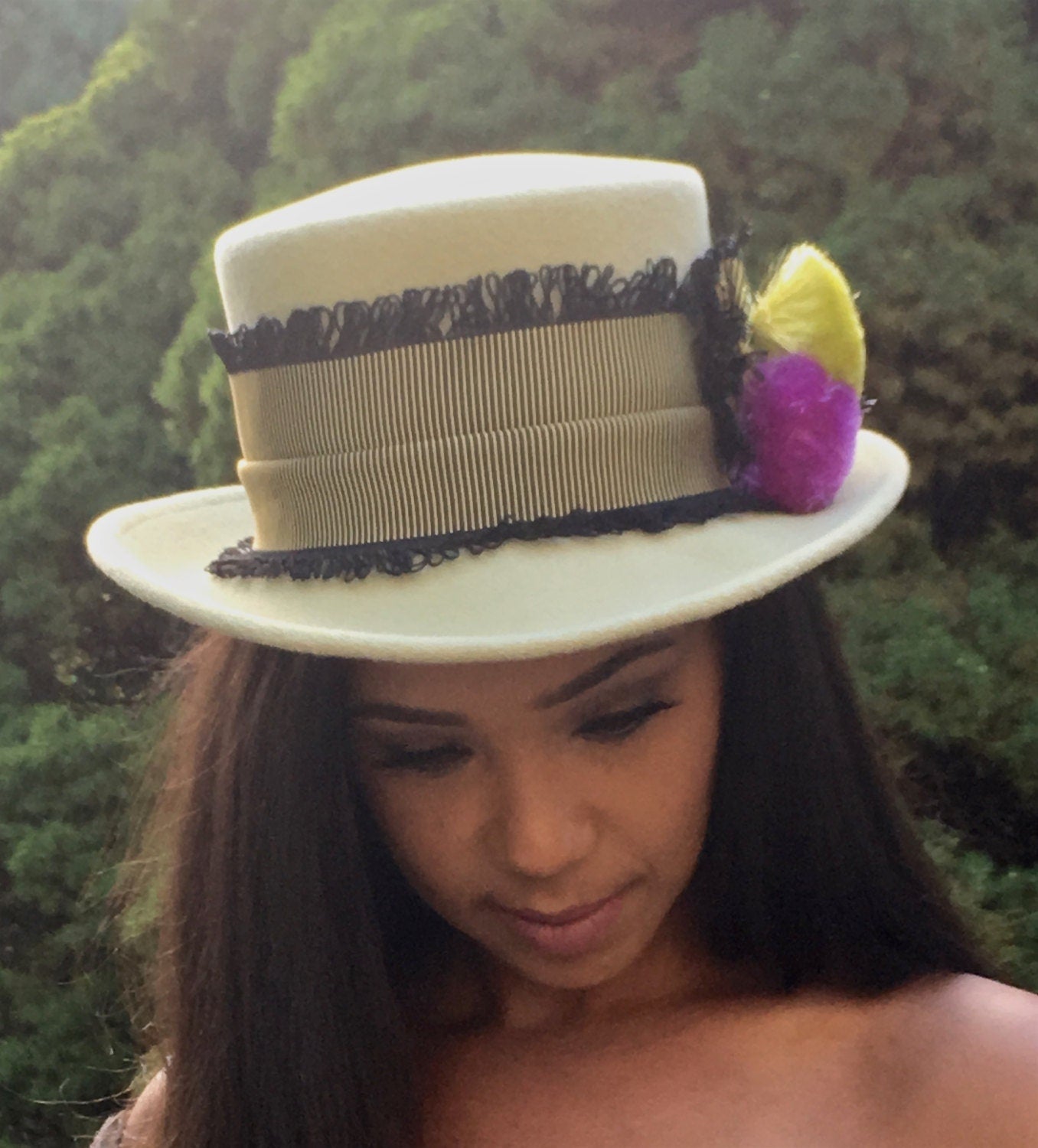 Pale Green Velour Top Hat with silk Pom-Pom's-Winter Races-Polo-Weddings-Bridal-Birthday-Holiday-Thanksgiving-Church ... any fun event !!!!