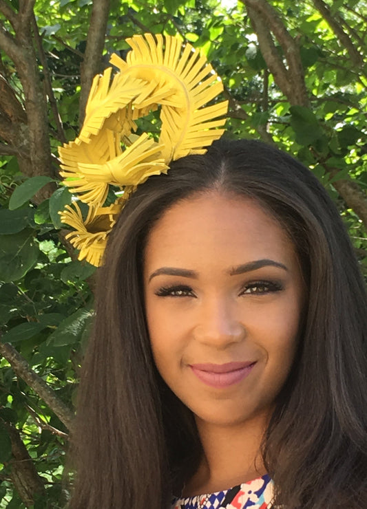 Bright Canary Yellow Leather Feather Fascinator- MARDI GRAS- Weddings-Bridal-Race Hat-Polo-Holiday-Teen Headband-Special Occasion- Luncheons