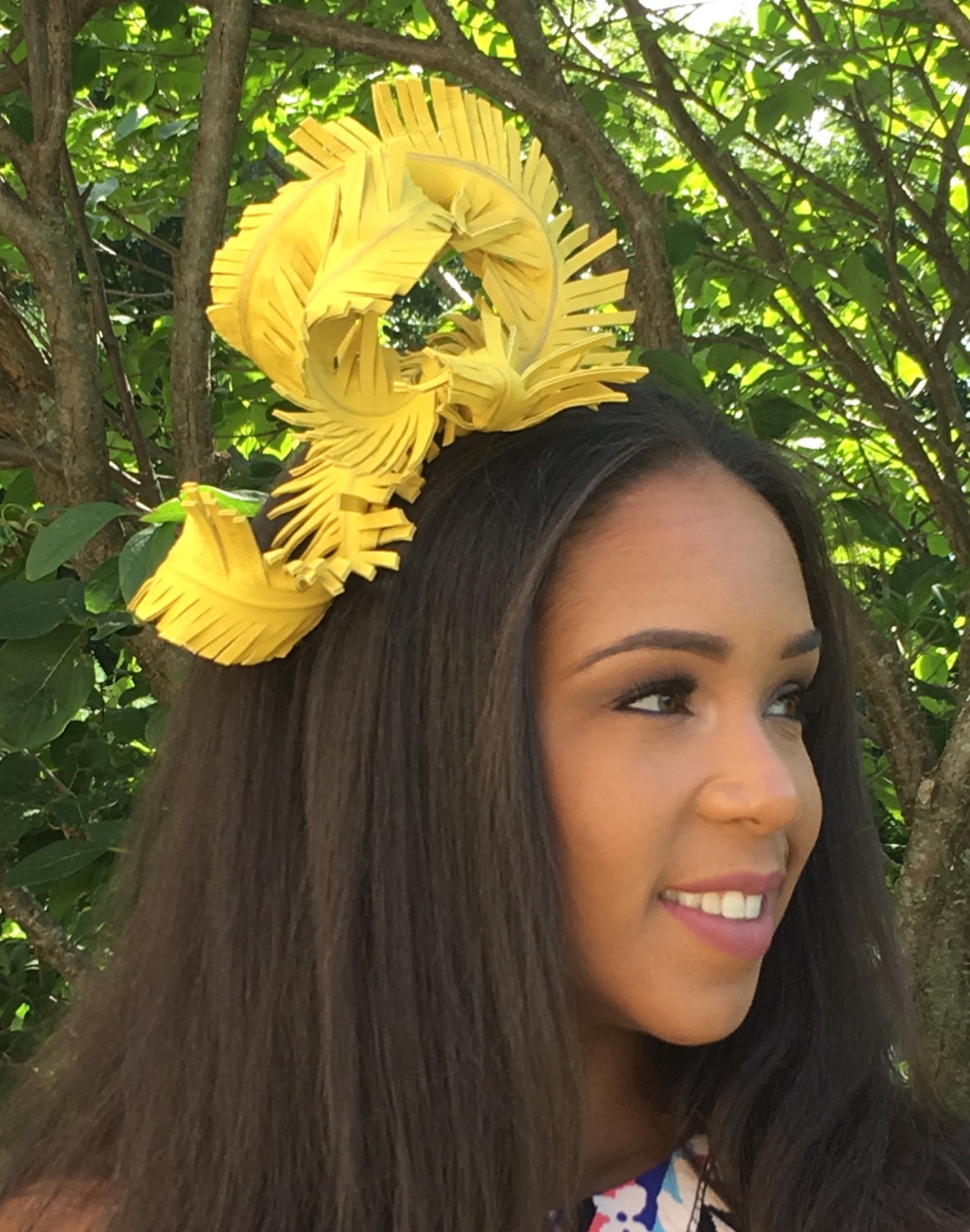 Bright Canary Yellow Leather Feather Fascinator- MARDI GRAS- Weddings-Bridal-Race Hat-Polo-Holiday-Teen Headband-Special Occasion- Luncheons