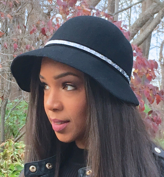 Black wool Cloche hat with Silver Metallic trim-Winter hat-Christmas-Polo-Winter Race- Holiday Party-Chruch Hat-Gift Hat-Teen Woman Hat!