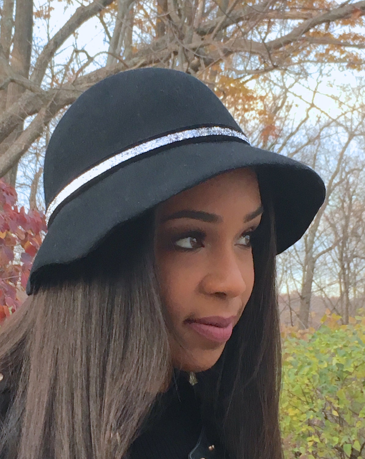 Black wool Cloche hat with Silver Metallic trim-Winter hat-Christmas-Polo-Winter Race- Holiday Party-Chruch Hat-Gift Hat-Teen Woman Hat!