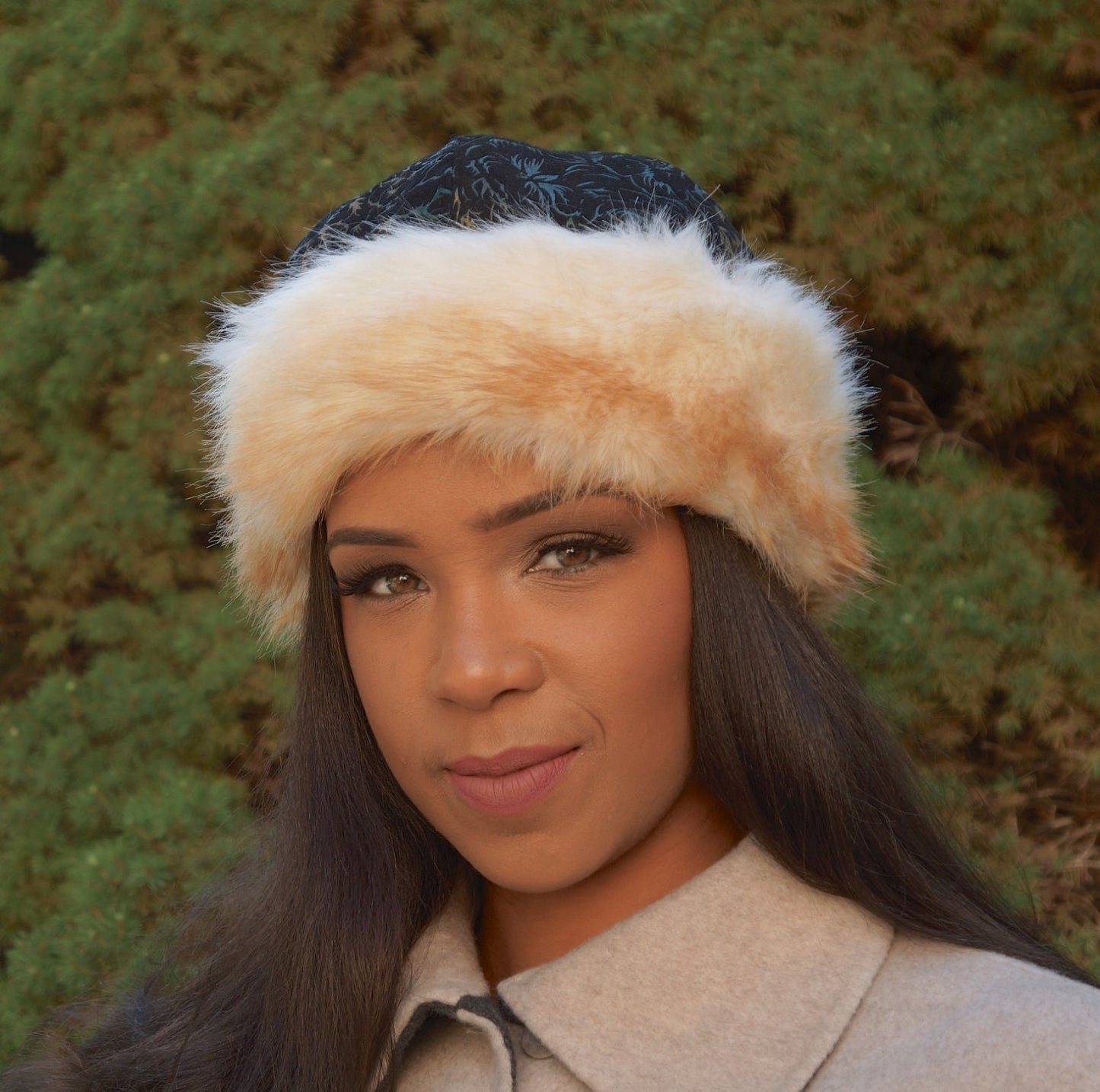 Vintage printed Suede and Faux Fur Hat. Stylish and easy to wear-Unique look! Holidays-Birthday-Winter hat-Christmas hat-Thanksgiving hat!