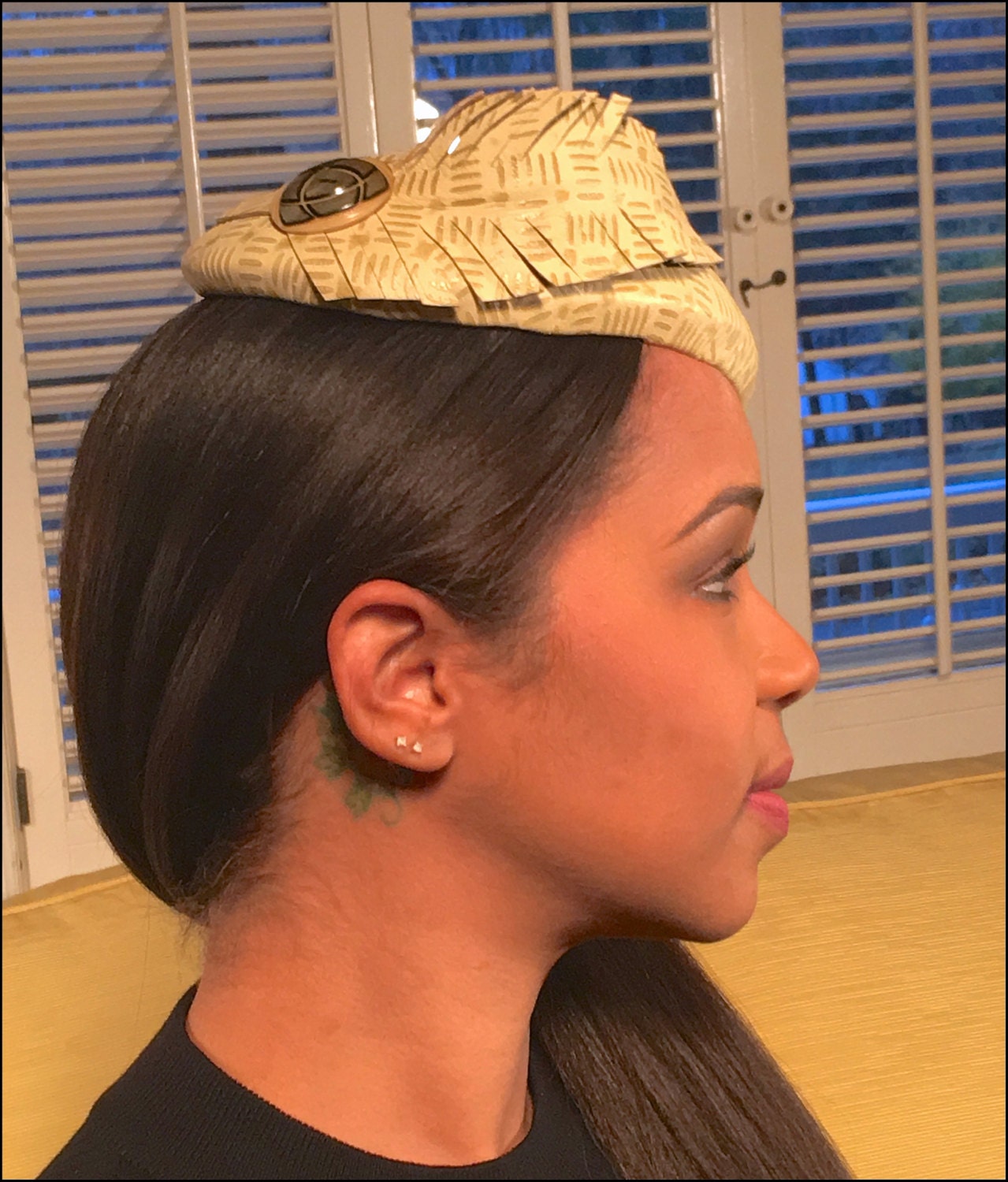 Pale Yellow Textured Leather Fascinator. Leather Feather- Vintage Wooden Button- Weddings-Race Hat-Polo-Derby Hat-Christening-Handmade Hat!