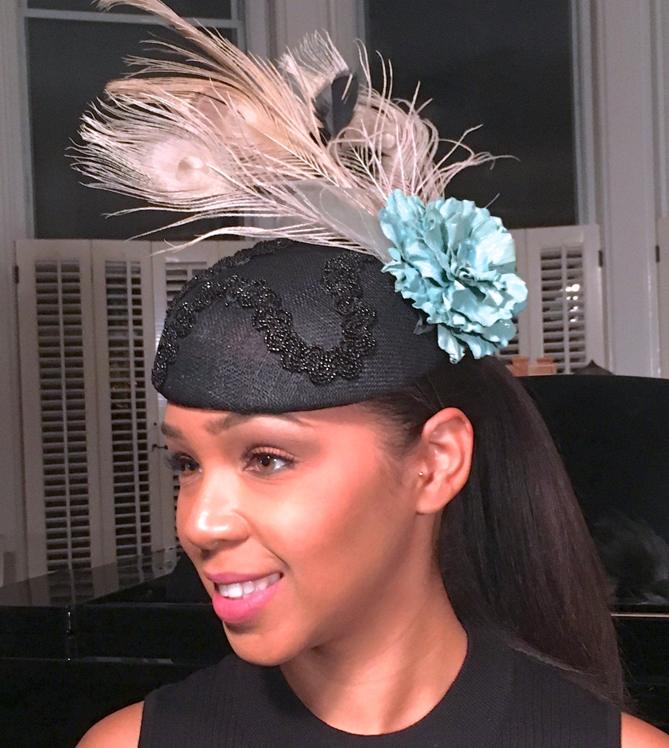 Black Sinamay with Turquoise Leather flower-ostrich feathers-crinoline-Vintage beaded trim-Ascot Races Hat-Polo Matches-Wedding-Church-Party