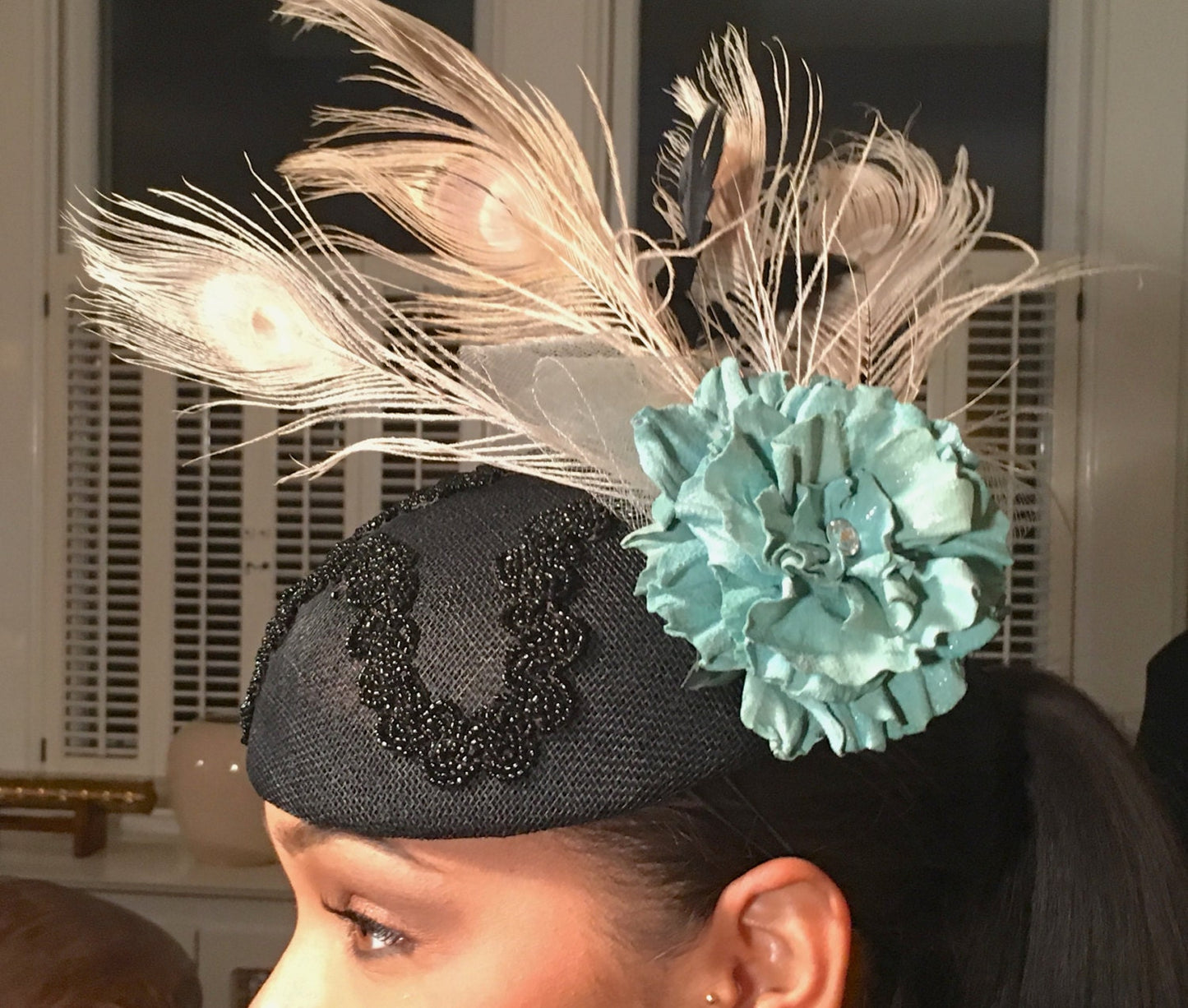 Black Sinamay with Turquoise Leather flower-ostrich feathers-crinoline-Vintage beaded trim-Ascot Races Hat-Polo Matches-Wedding-Church-Party