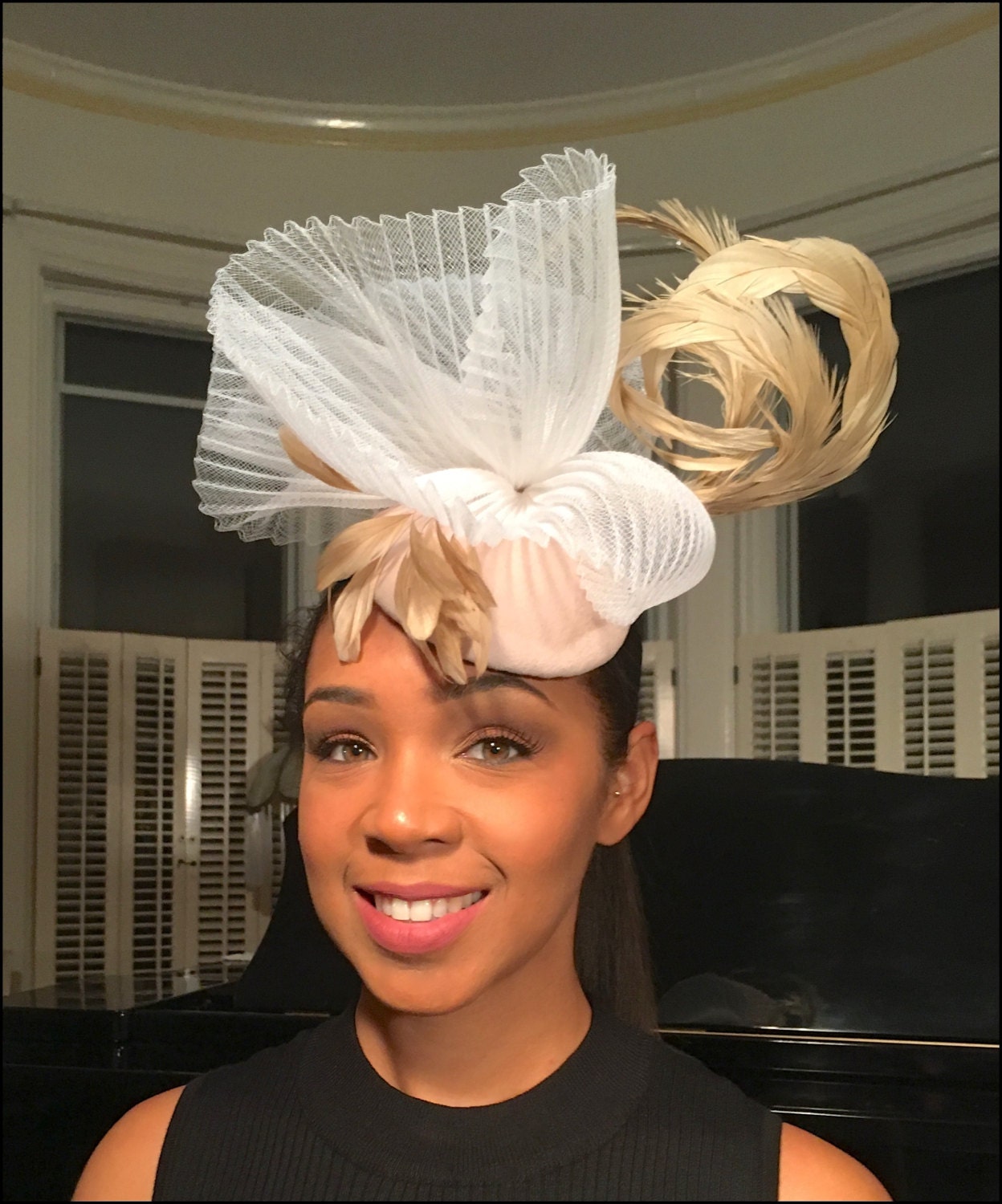 Fancy Beige and White Fascinator- White Pleated Crinoline-Tan Feathers- Royal Ascot Hat-Polo Matches Hat-Evening Hat-Church Hat-Wedding Hat-