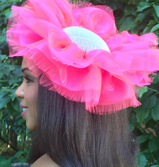 Hot Pink Organza Frilly Fascinator, Party hat, Wedding Brides Maids hat, Hot Pink Hat-Cocktail Party Hat-Silver Sinamay Hat with ruffles-WOW