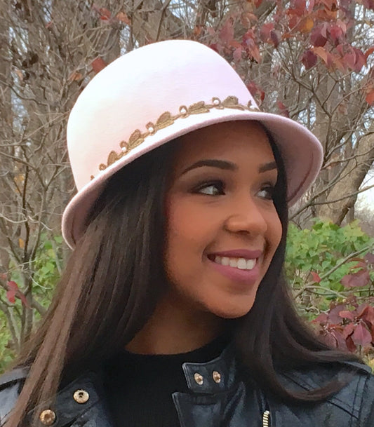 Soft Pink Velour Wool Felt Hat -Small Brim-Vintage Bronze Metallic leaf trim- Pearls-Church Hat-Wedding Hat-Christmas Gift- Winter Races !!!