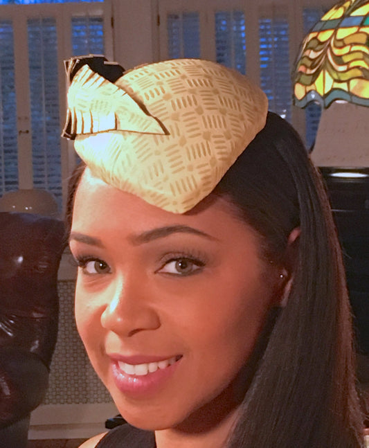 Pale Yellow Textured Leather Fascinator. Leather Feather- Vintage Wooden Button- Weddings-Race Hat-Polo-Derby Hat-Christening-Handmade Hat!