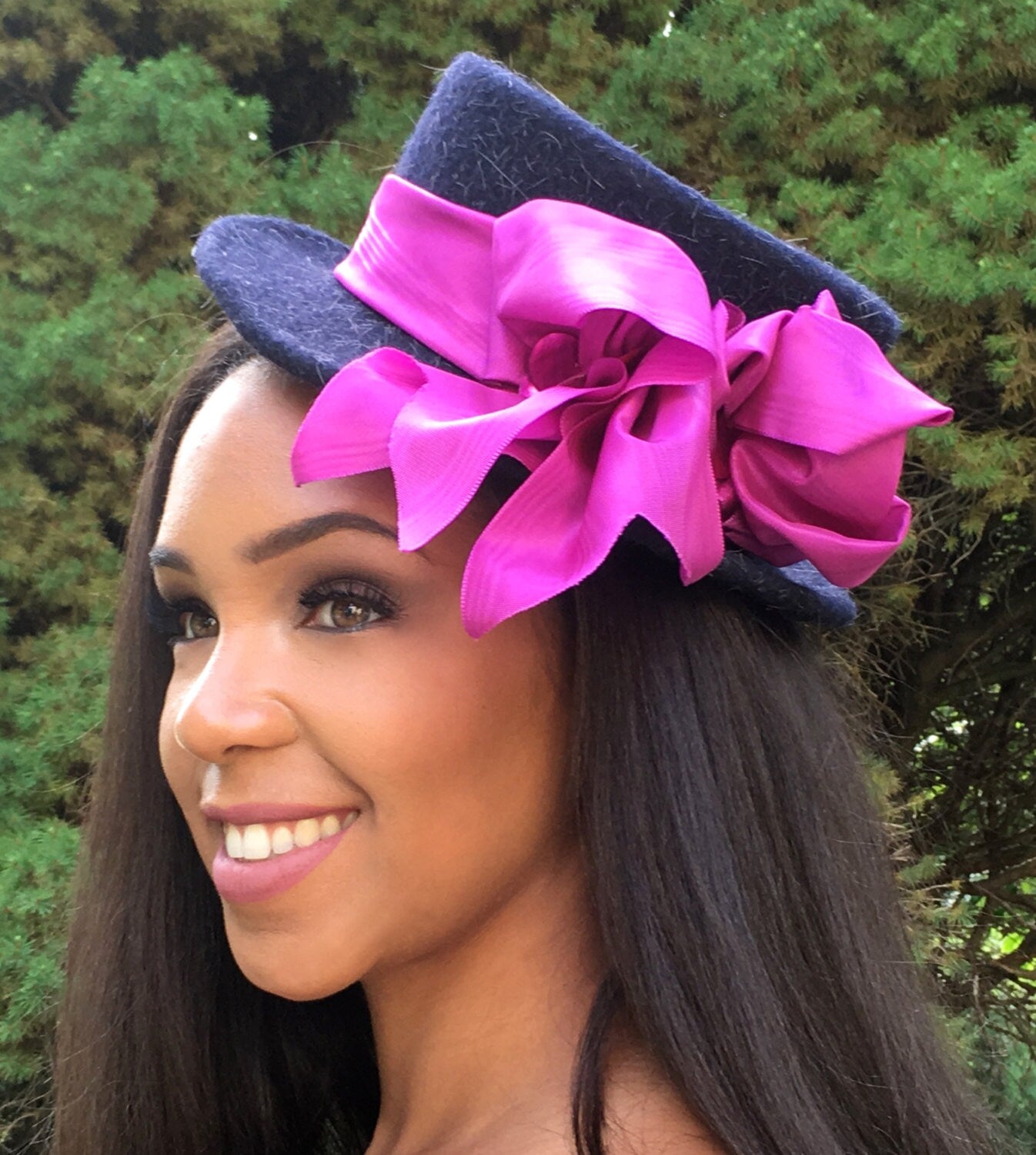 Navy Blue Mini Top Hat with Bright Orchid Pink Moire Ribbon-Jewel stone accents-Winter Races-Church-Polo Matches-Handmade Hat-Weddings-Party