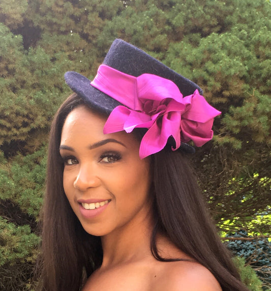 Navy Blue Mini Top Hat with Bright Orchid Pink Moire Ribbon-Jewel stone accents-Winter Races-Church-Polo Matches-Handmade Hat-Weddings-Party