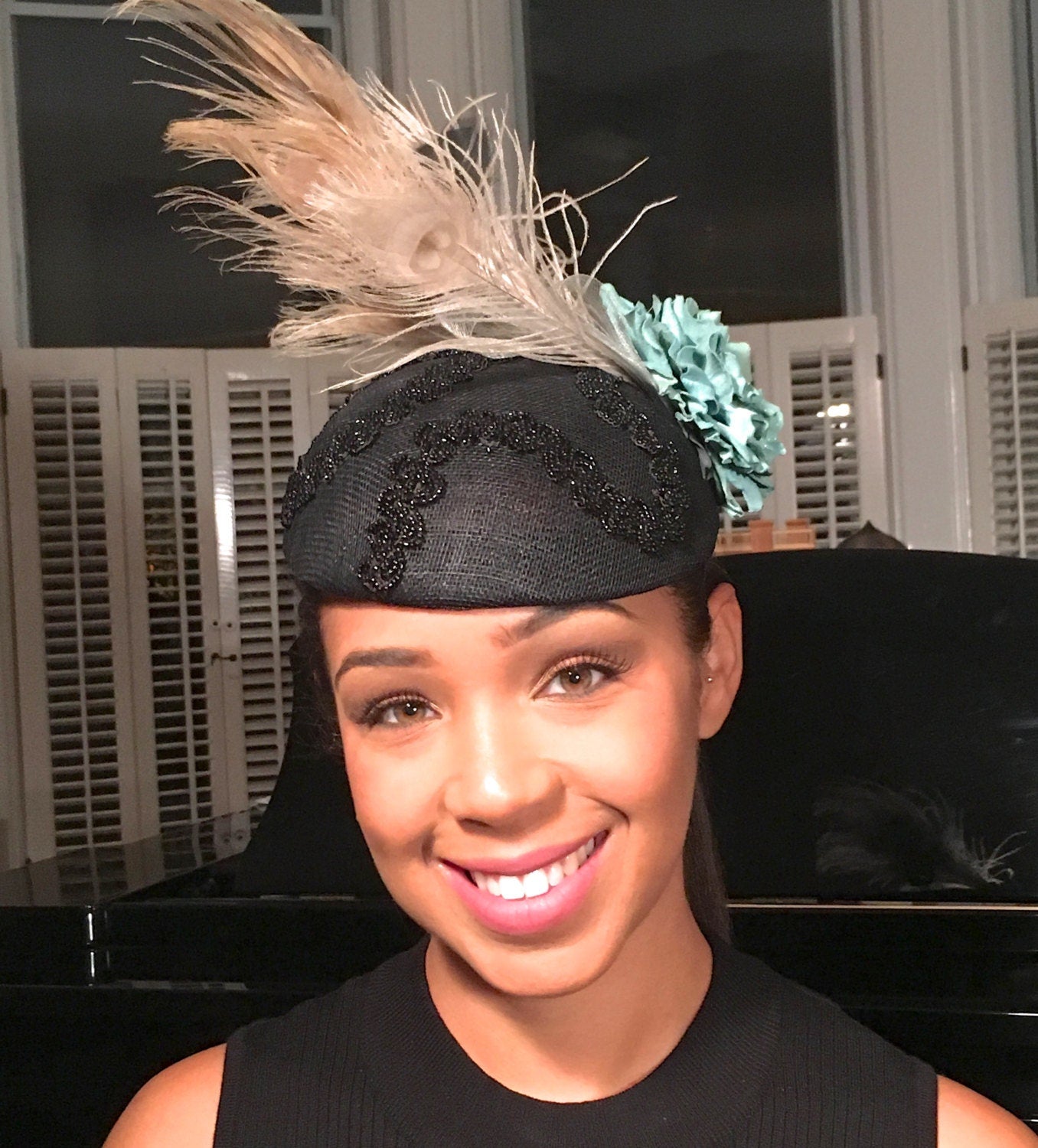 Black Sinamay with Turquoise Leather flower-ostrich feathers-crinoline-Vintage beaded trim-Ascot Races Hat-Polo Matches-Wedding-Church-Party