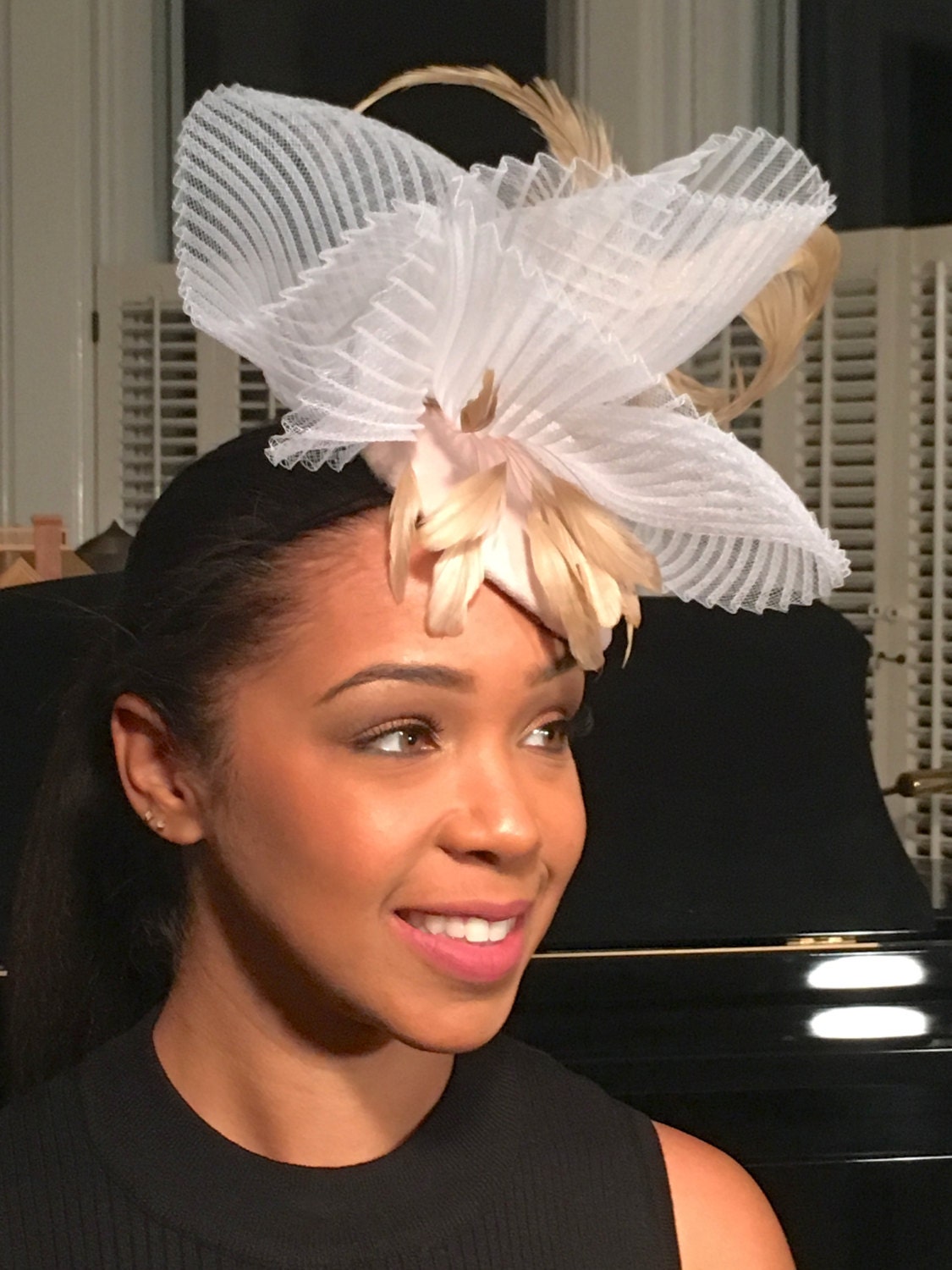 Fancy Beige and White Fascinator- White Pleated Crinoline-Tan Feathers- Royal Ascot Hat-Polo Matches Hat-Evening Hat-Church Hat-Wedding Hat-