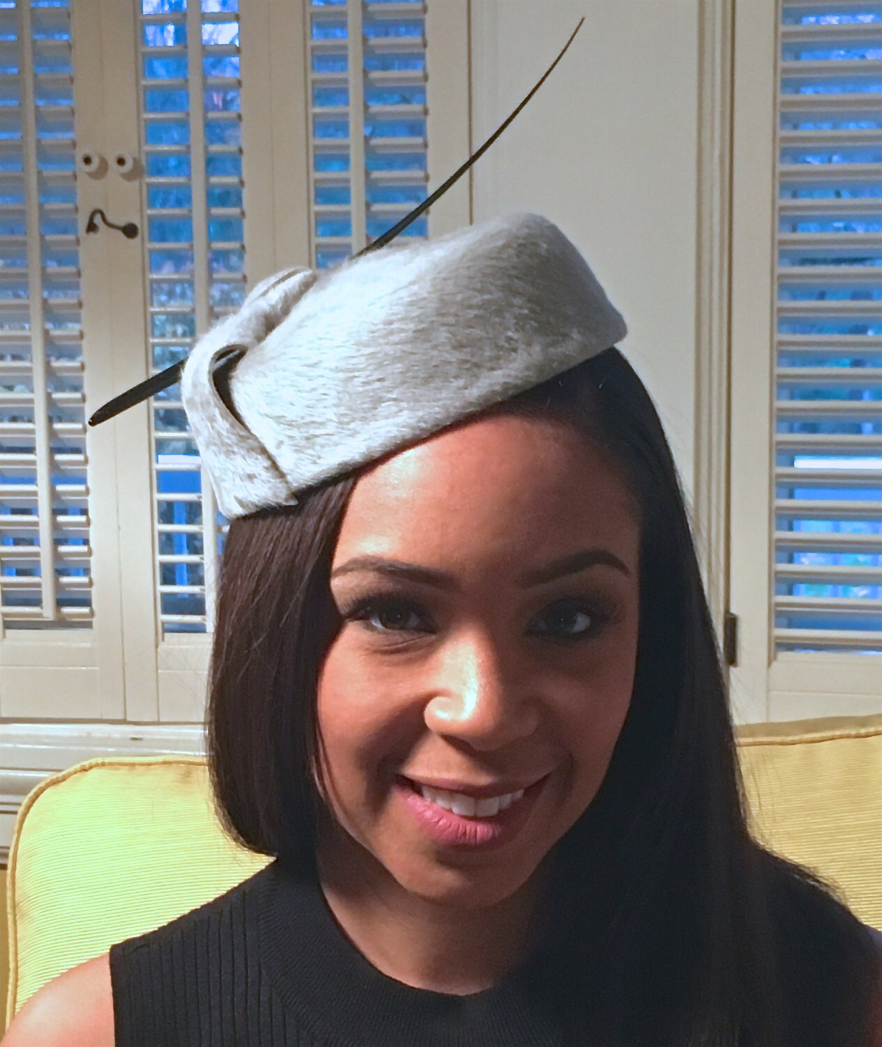 Grey Long Hair Fur Felt Pill Box Hat with Black Quill Spine- Winter Races-Polo Matches Hat-Church Hat-Wedding Hat-Mother of the Bride Hat!