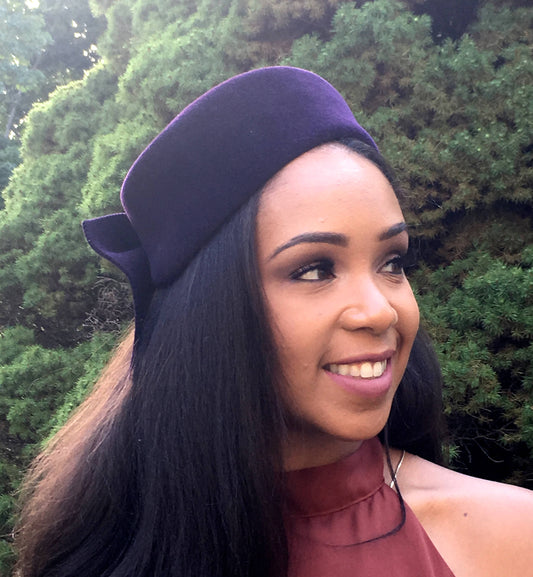 AUBERGINE VELOUR PILLBOX-with bow and vintage buckle-Weddings-Mother of the bride-winter races-Polo matches-holiday hat-fall hat-Purple hat