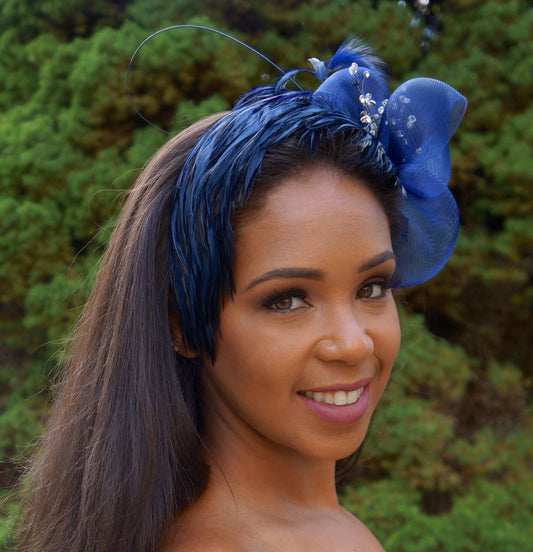 ROYAL BLUE Feather headband-Crinoline-bling Perfect for ALL Occasions-Weddings-Brides Maids-Proms-Races-Parties-Teens-Holidays-Polo Matches-