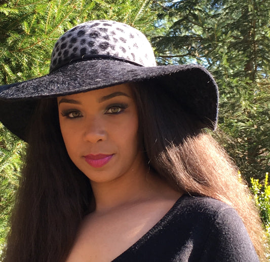 Animal Print Velour Felt Hat-Wide Brim-Black and Grey- Church-Party-Luncheon Hat-Winter Wedding-Custom Made Hat-Winter Race Hat-Grey Hat