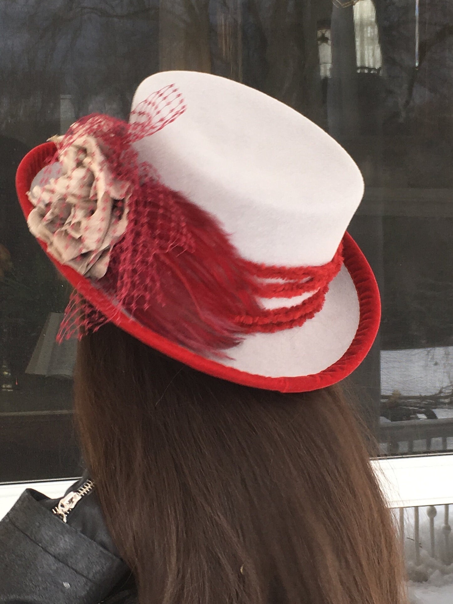 Grey Felt Top Hat with Wine Colored Trim and Vintage Grey Flower-Wine Feathers- Winter Races-Church-Weddings-Polo Matches Hat-Christmas !