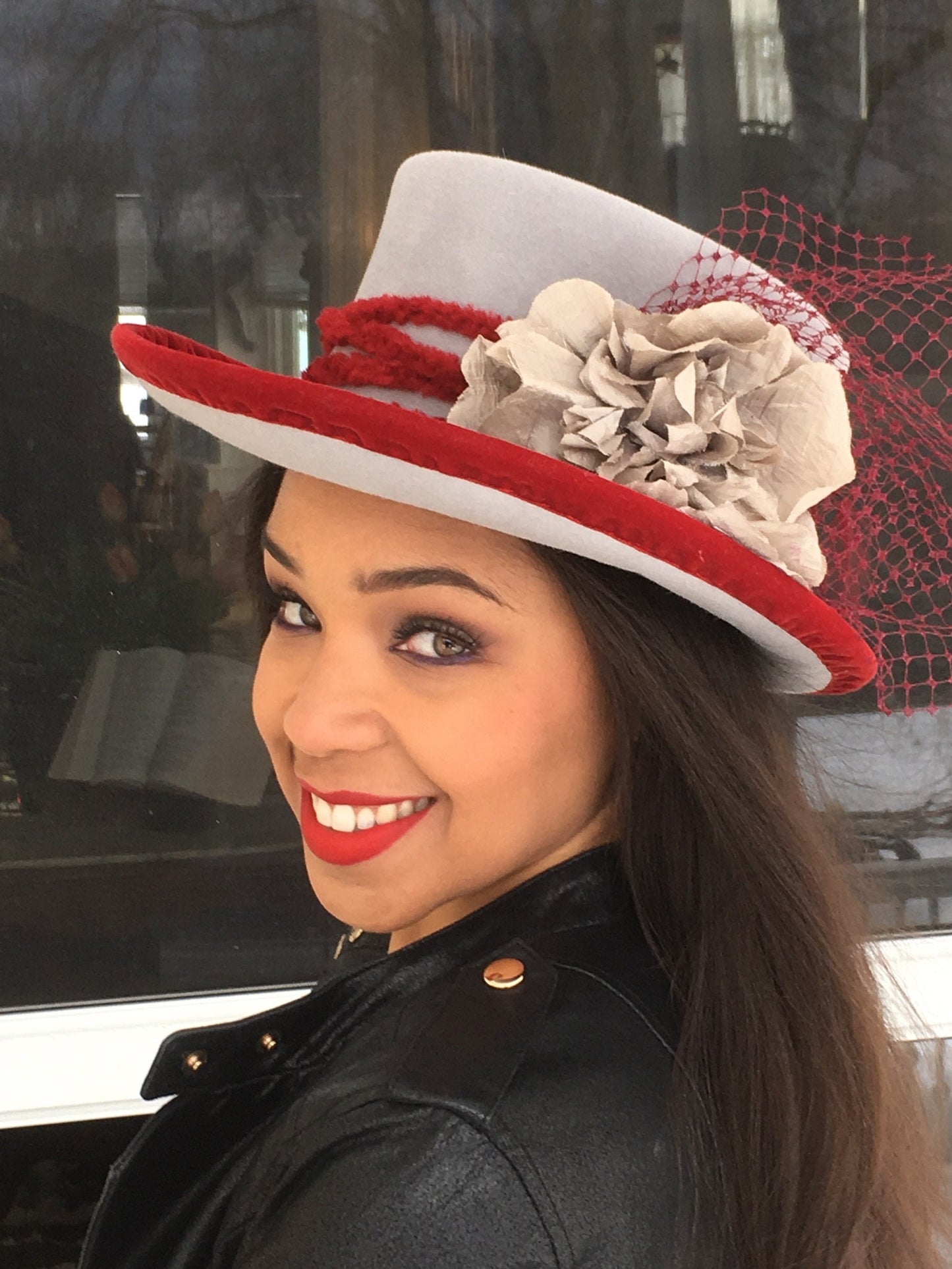 Grey Felt Top Hat with Wine Colored Trim and Vintage Grey Flower-Wine Feathers- Winter Races-Church-Weddings-Polo Matches Hat-Christmas !