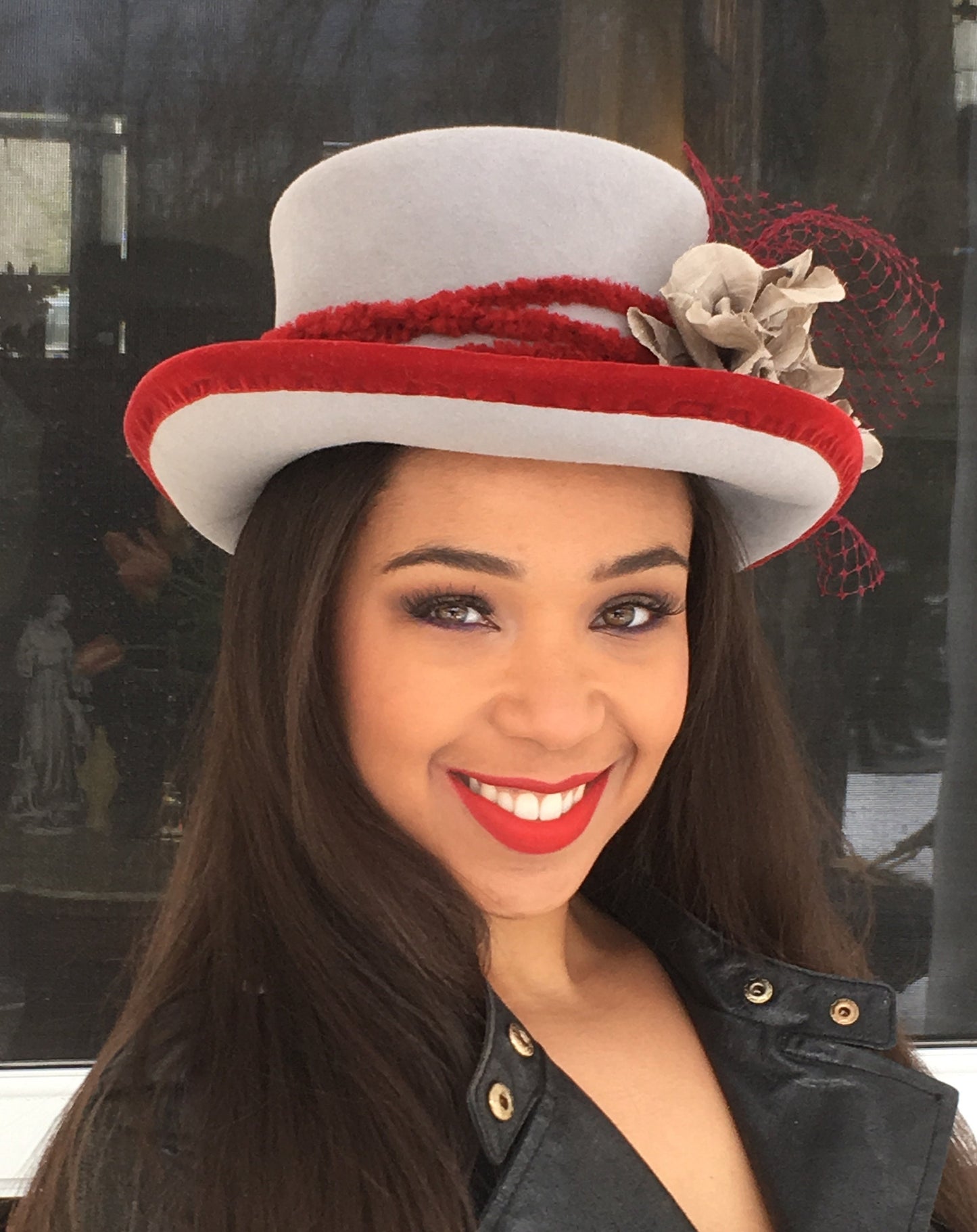 Grey Felt Top Hat with Wine Colored Trim and Vintage Grey Flower-Wine Feathers- Winter Races-Church-Weddings-Polo Matches Hat-Christmas !