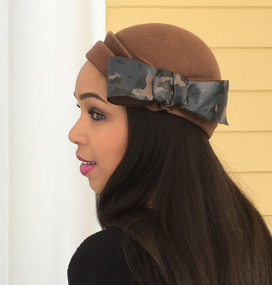 Rich Brown Taupe Wool Felt Sculptured hat with Leather Camouflage Bow. Chic Fall and Winter Hat-Fall Races-Saratoga- Polo Matches-Church Hat