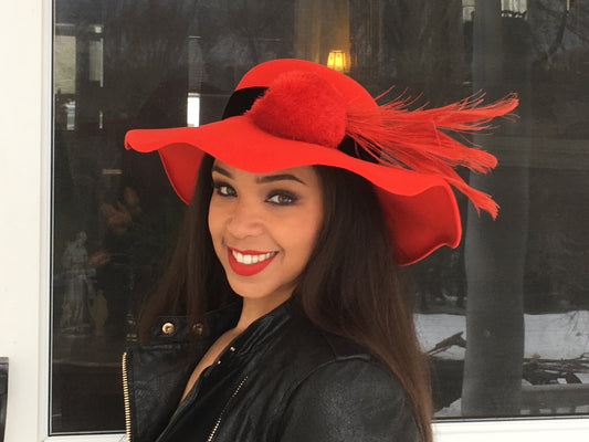 Red Velour Felt Wavy Wide Brim Dress Hat! Red Peacock Feathers-Large Silk PomPom-Church Hat-Christmas Hat-Winter Race Hat-Holiday Party Hat-