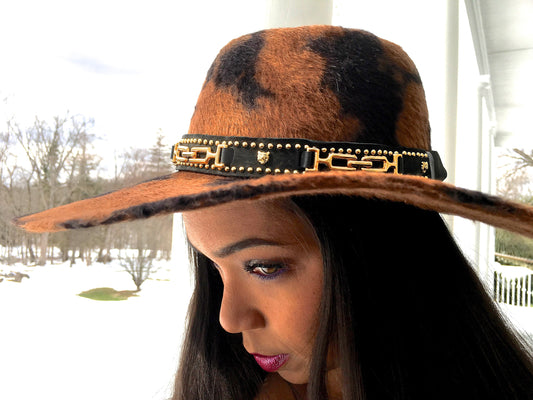 Long Hair Fur Felt Wool Animal Print Western Hat-Brown and Black-Goldtone Buckle trim on Black Suede Hat Band-Casual Chic Hat-Everywhere Hat