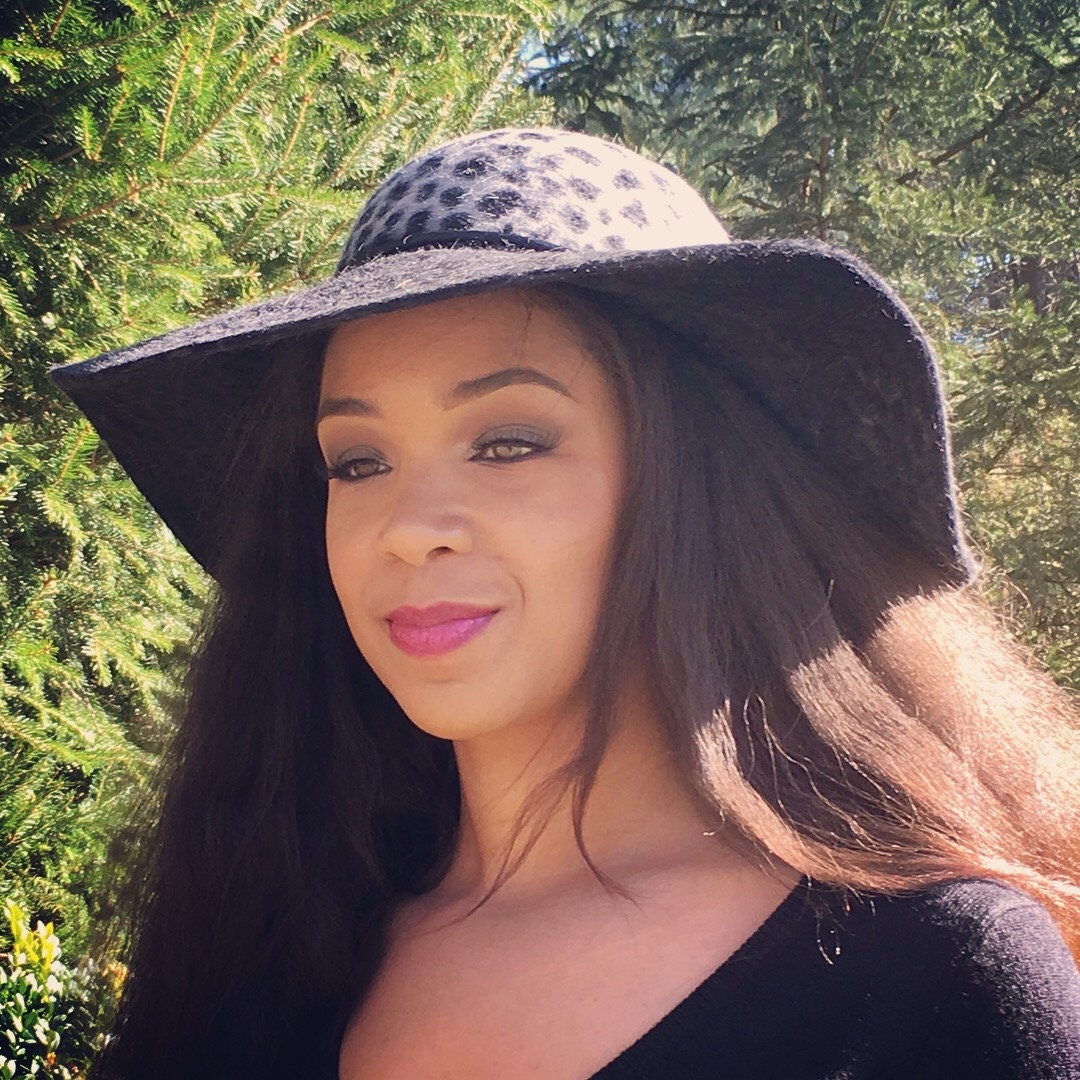 Animal Print Velour Felt Hat-Wide Brim-Black and Grey- Church-Party-Luncheon Hat-Winter Wedding-Custom Made Hat-Winter Race Hat-Grey Hat