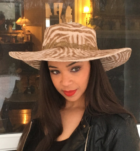 Brown and White Animal Print Velour Felt Hat-Wakanda- Vintage metallic Gold trim band-Winter Dress Hat-Party Hat-Race Track Hat-Custom Hat!