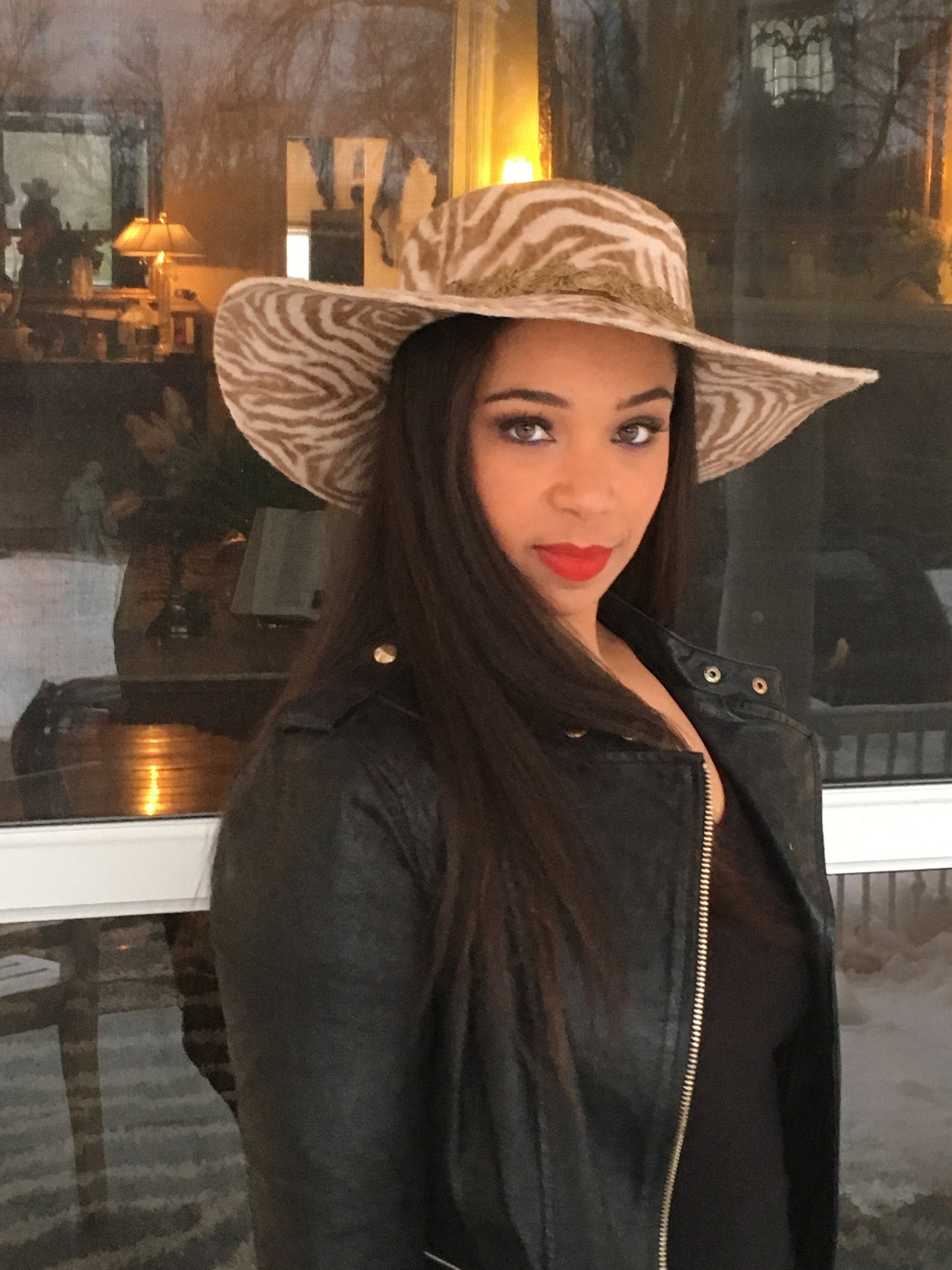 Brown and White Animal Print Velour Felt Hat-Wakanda- Vintage metallic Gold trim band-Winter Dress Hat-Party Hat-Race Track Hat-Custom Hat!