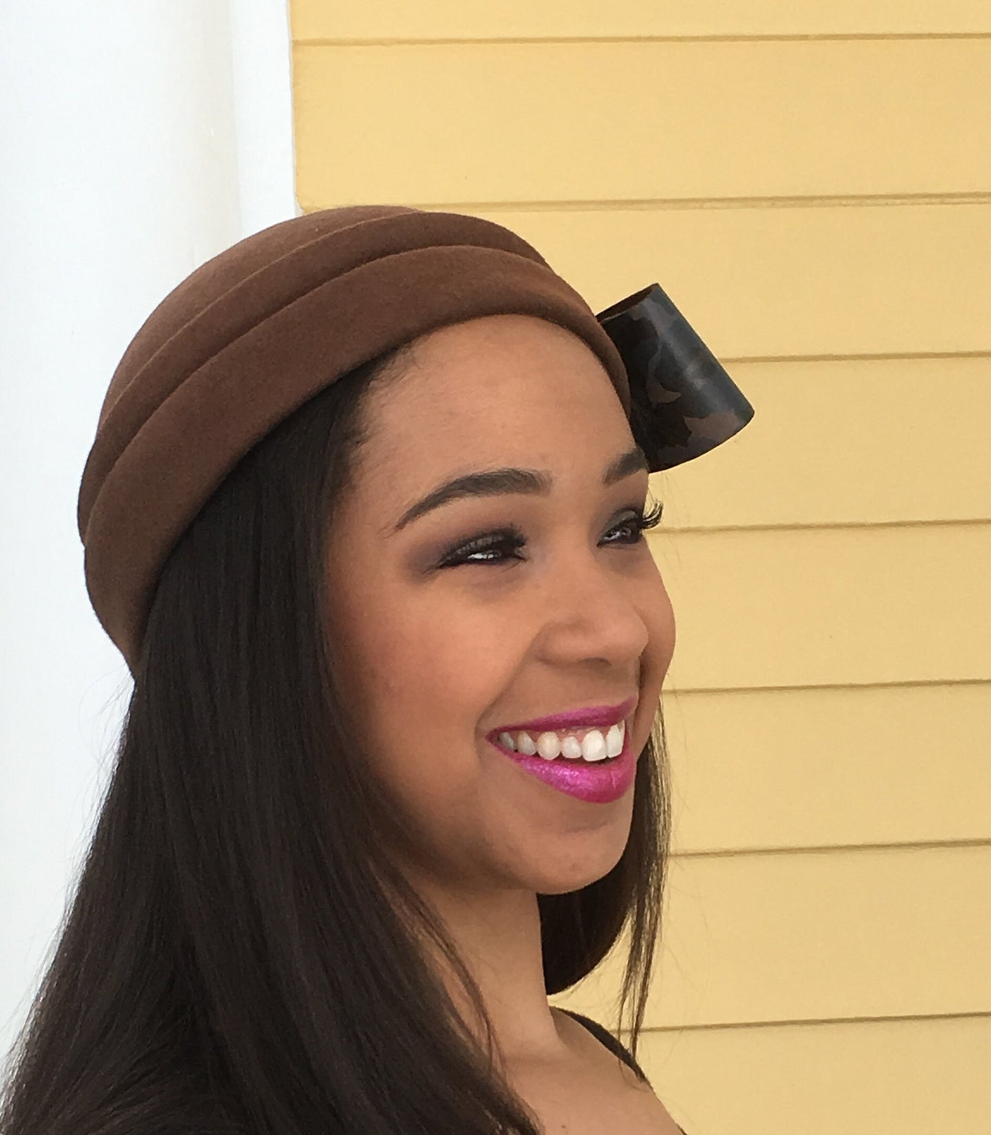 Rich Brown Taupe Wool Felt Sculptured hat with Leather Camouflage Bow. Chic Fall and Winter Hat-Fall Races-Saratoga- Polo Matches-Church Hat