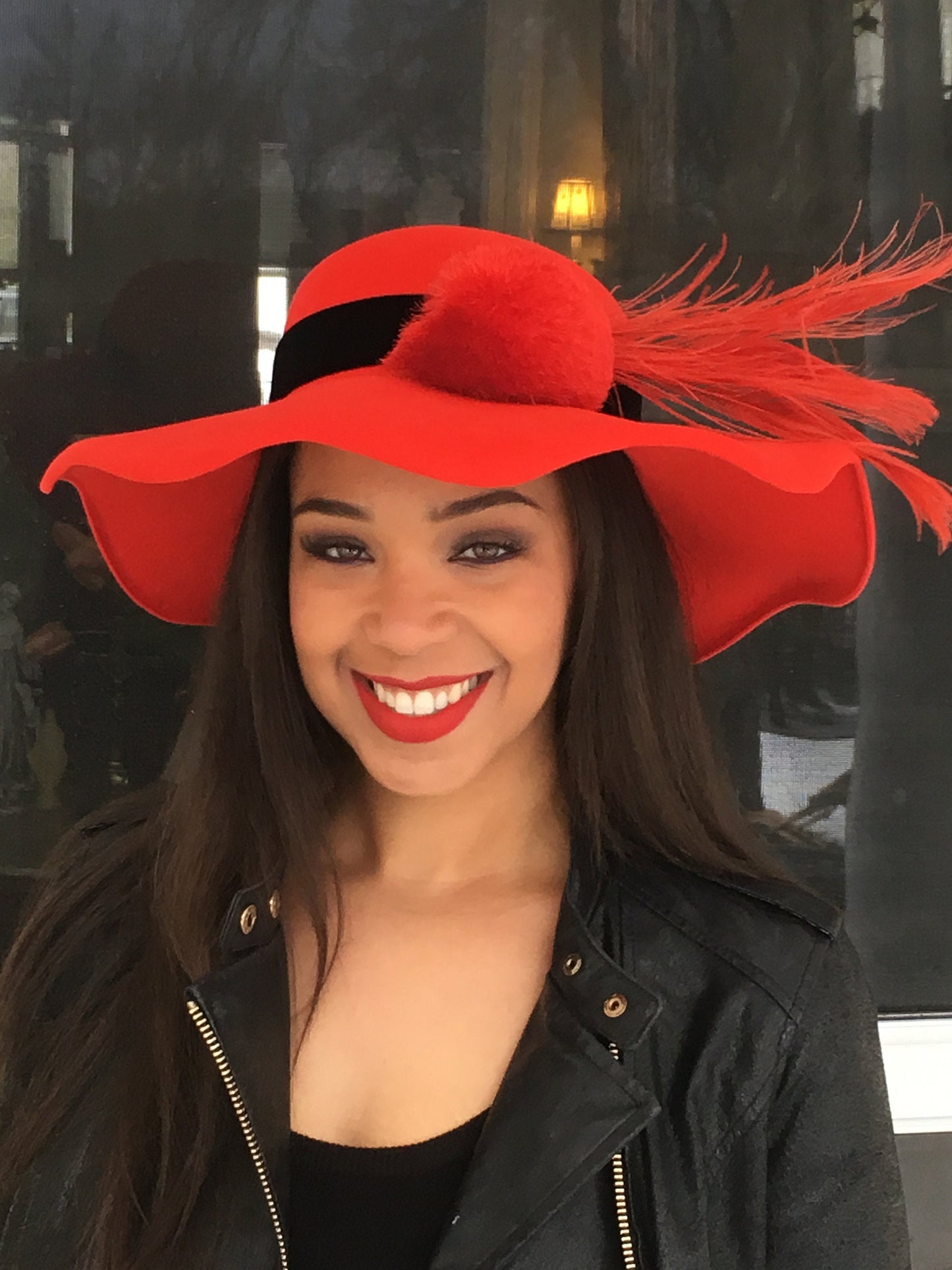Red Velour Felt Wavy Wide Brim Dress Hat! Red Peacock Feathers-Large Silk PomPom-Church Hat-Christmas Hat-Winter Race Hat-Holiday Party Hat-