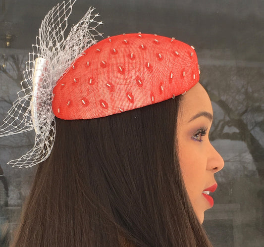Red and Silver Leather Pill Box Sinamay Hat-Party-Christmas-Racetrack Hat-Royal Ascot Hat-Preakness-Belmount-Christening-Wedding-Bride-Red !