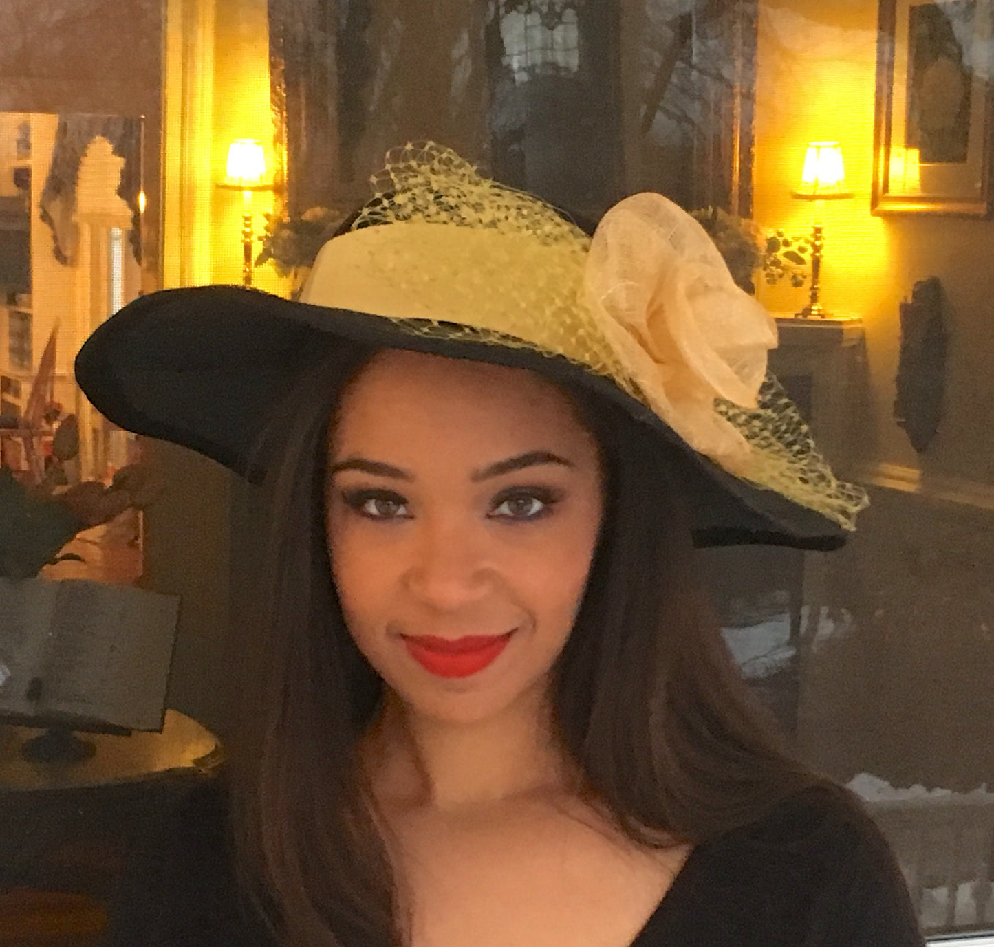 Black Sinamay Hat, Wide Brimmed hat Yellow Trim, Veiling, Black and Yellow hat. Wedding hat, Kentucky Derby, Royal Ascot, Race Track Hat