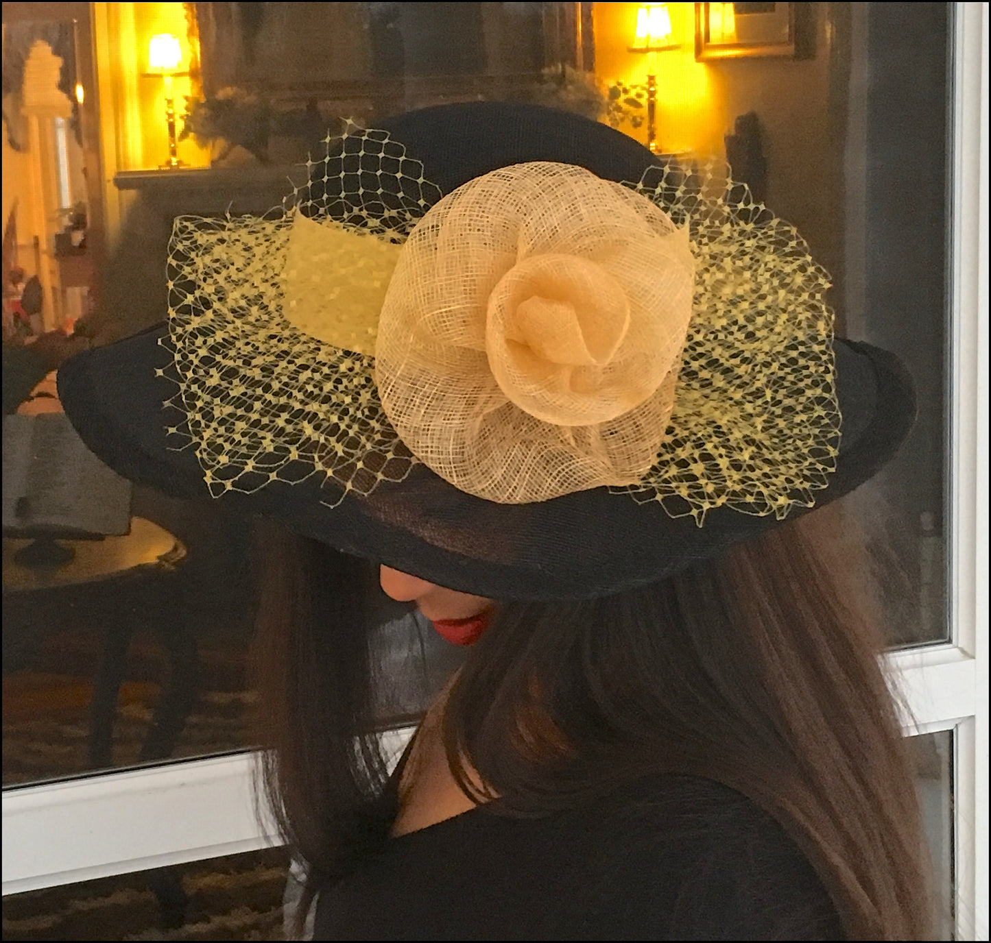 Black Sinamay Hat, Wide Brimmed hat Yellow Trim, Veiling, Black and Yellow hat. Wedding hat, Kentucky Derby, Royal Ascot, Race Track Hat