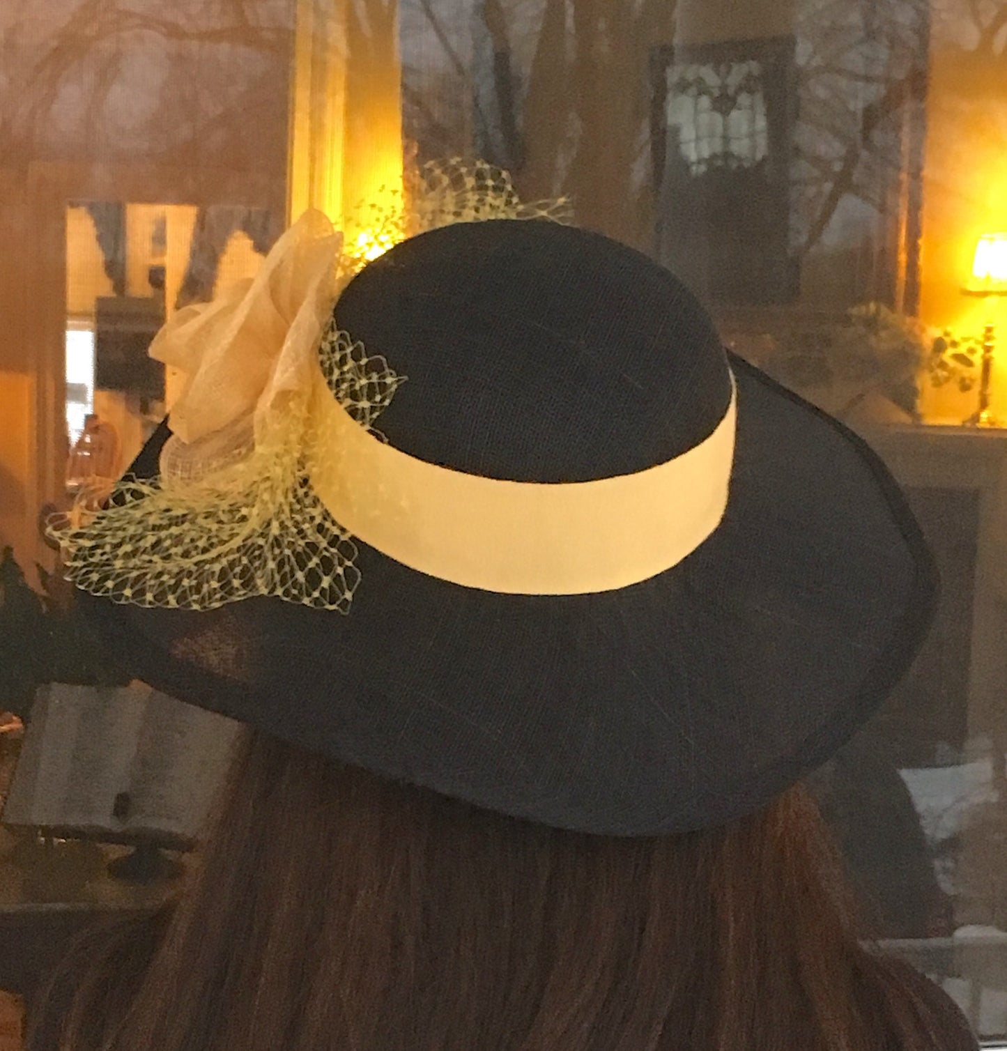 Black Sinamay Hat, Wide Brimmed hat Yellow Trim, Veiling, Black and Yellow hat. Wedding hat, Kentucky Derby, Royal Ascot, Race Track Hat