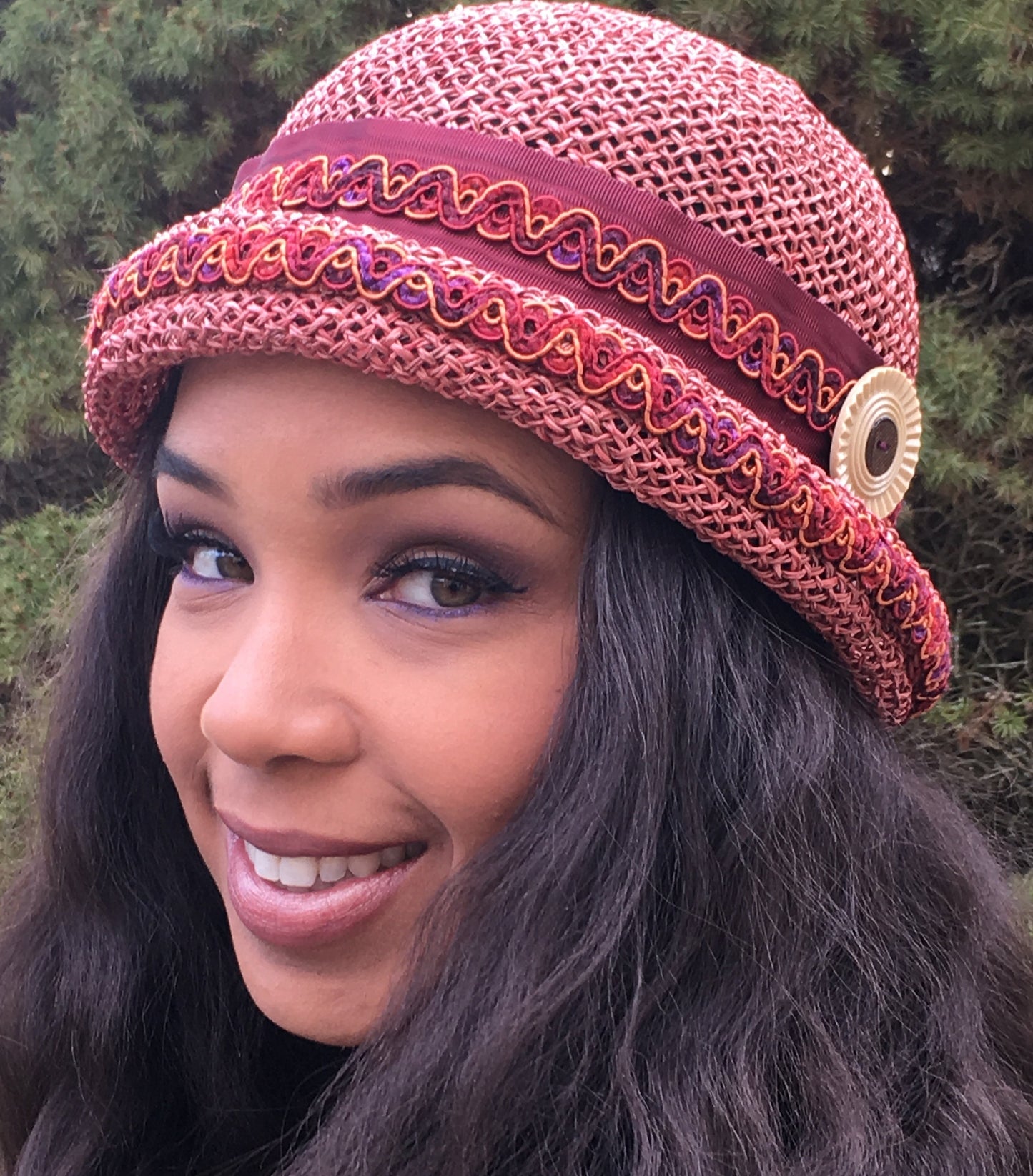 Burgundy Toyo Straw Rolled Brim Hat-Vintage trim on Moire Ribbon- Vintage White Button- Sun Hat-Wedding-Boho Hat-Casual straw hat-Girls Hat!