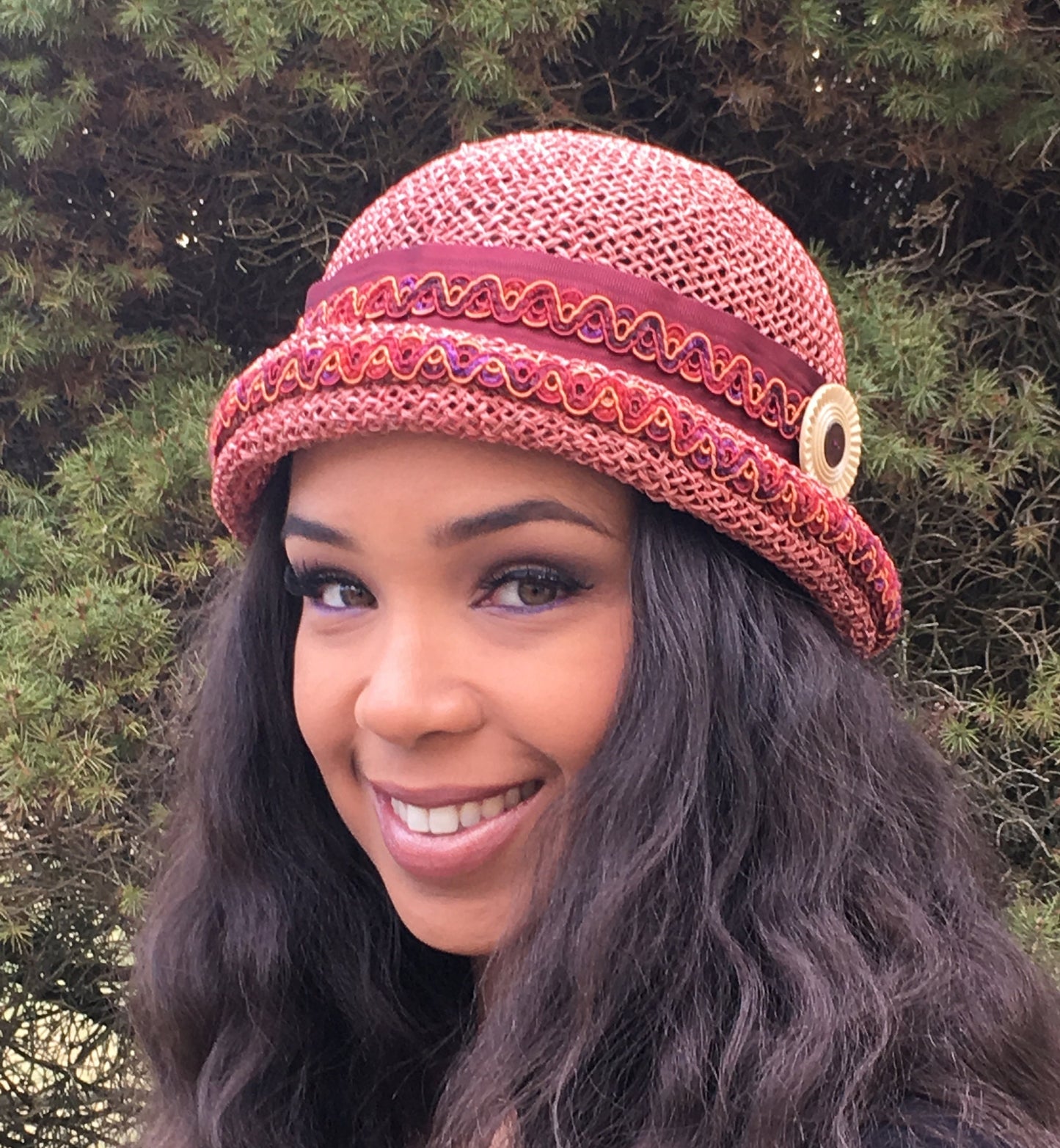 Burgundy Toyo Straw Rolled Brim Hat-Vintage trim on Moire Ribbon- Vintage White Button- Sun Hat-Wedding-Boho Hat-Casual straw hat-Girls Hat!