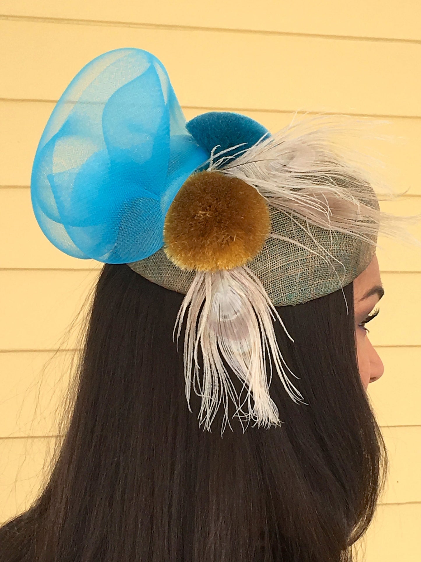 Taupe and Turquoise Sinamay Pill Box Hat-Silk Pom Poms-Peacock feathers-Crinoline-Race Track hat-Party hat-Royal Ascot-Belmount-Preakness
