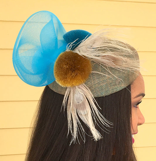 Taupe and Turquoise Sinamay Pill Box Hat-Silk Pom Poms-Peacock feathers-Crinoline-Race Track hat-Party hat-Royal Ascot-Belmount-Preakness