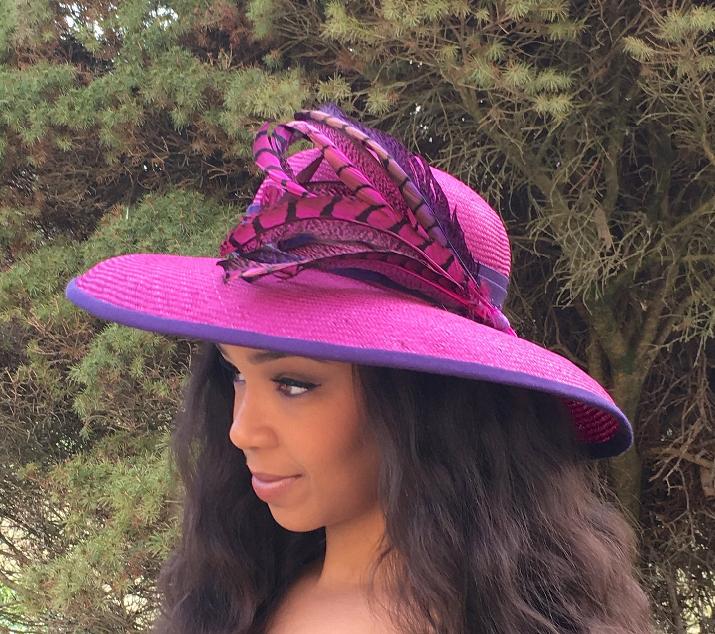 Fuchsia Pink Parasisal Straw Wide Brimmed hat-Purple PinkPheasant Feathers-Royal Ascot Hat-Belmount-Preakness-Kentiucky Derby- Wedding Hat !