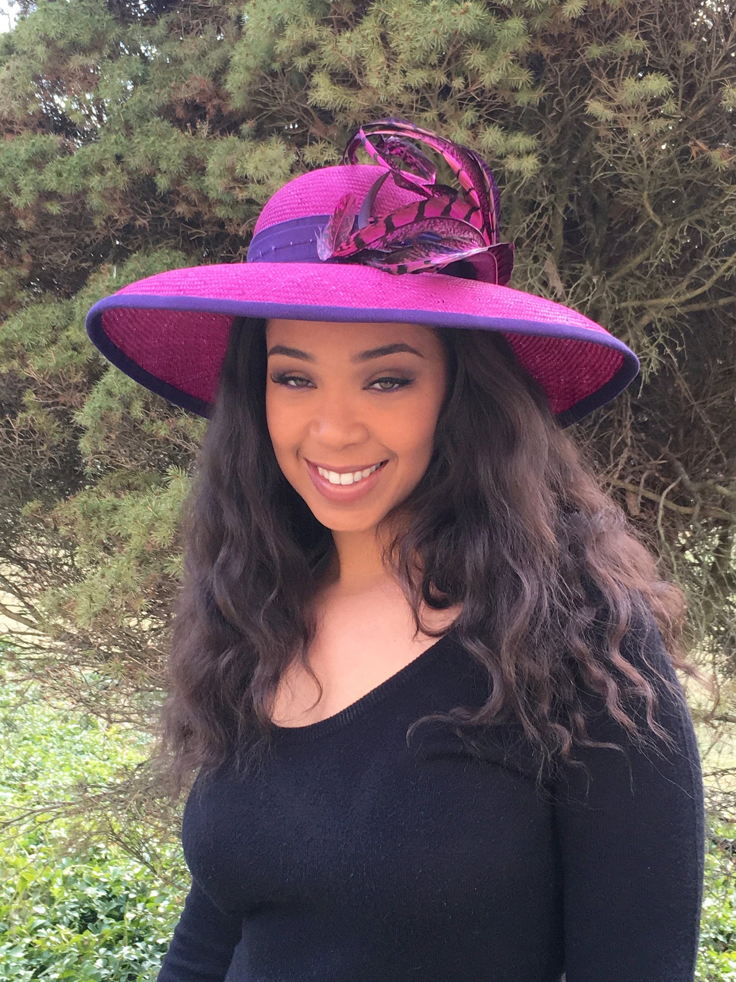 Fuchsia Pink Parasisal Straw Wide Brimmed hat-Purple PinkPheasant Feathers-Royal Ascot Hat-Belmount-Preakness-Kentiucky Derby- Wedding Hat !