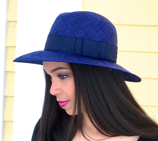 Hand Dyed Royal Blue Straw Fedora-Summer Hat-Belmont race track-Preakness-Wedding hat-Womans Hat-Everyday Straw Hat-Classic Straw Fedora Hat