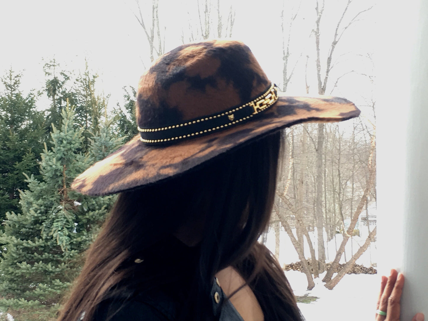 Long Hair Fur Felt Wool Animal Print Western Hat-Brown and Black-Goldtone Buckle trim on Black Suede Hat Band-Casual Chic Hat-Everywhere Hat
