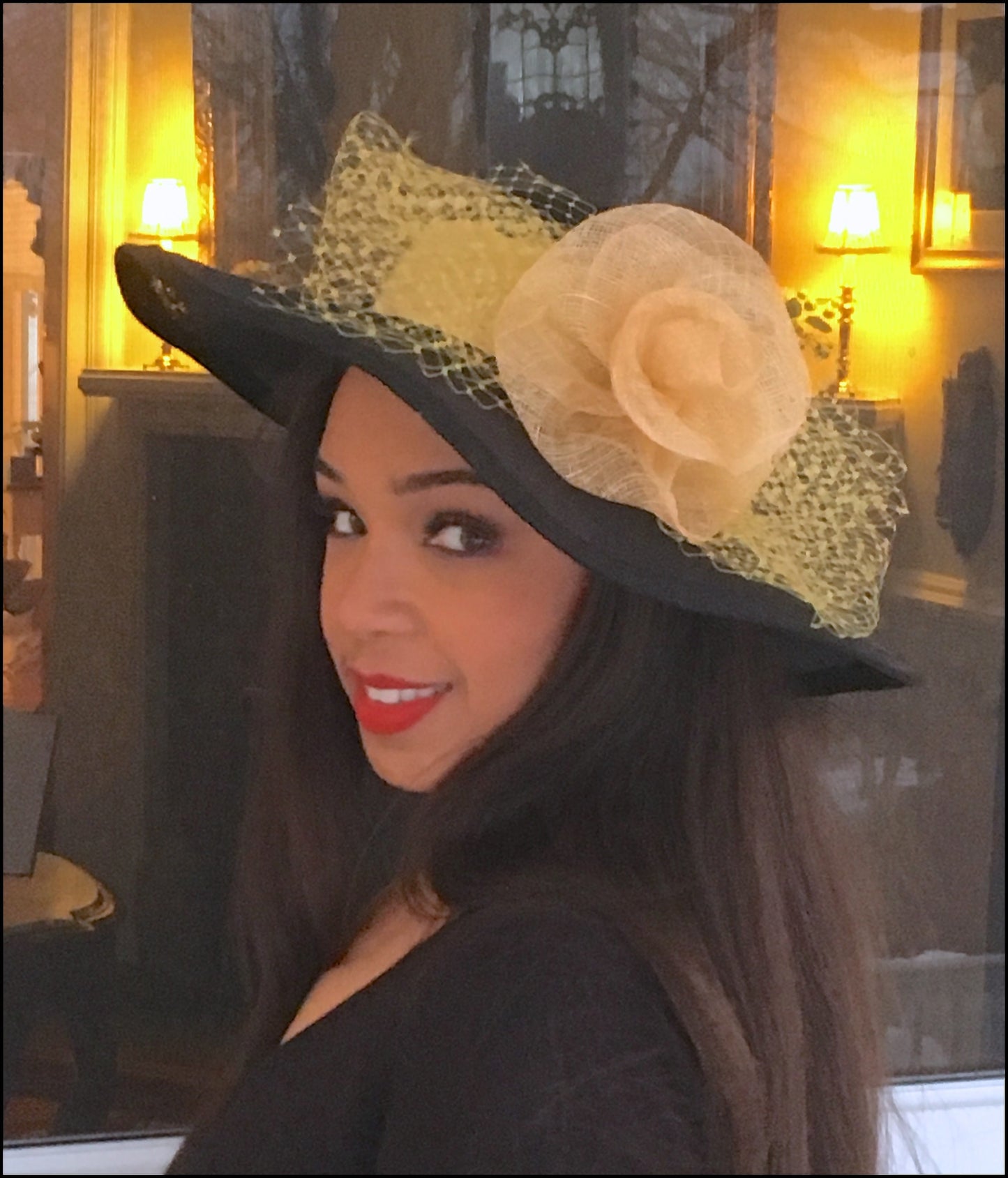 Black Sinamay Hat, Wide Brimmed hat Yellow Trim, Veiling, Black and Yellow hat. Wedding hat, Kentucky Derby, Royal Ascot, Race Track Hat