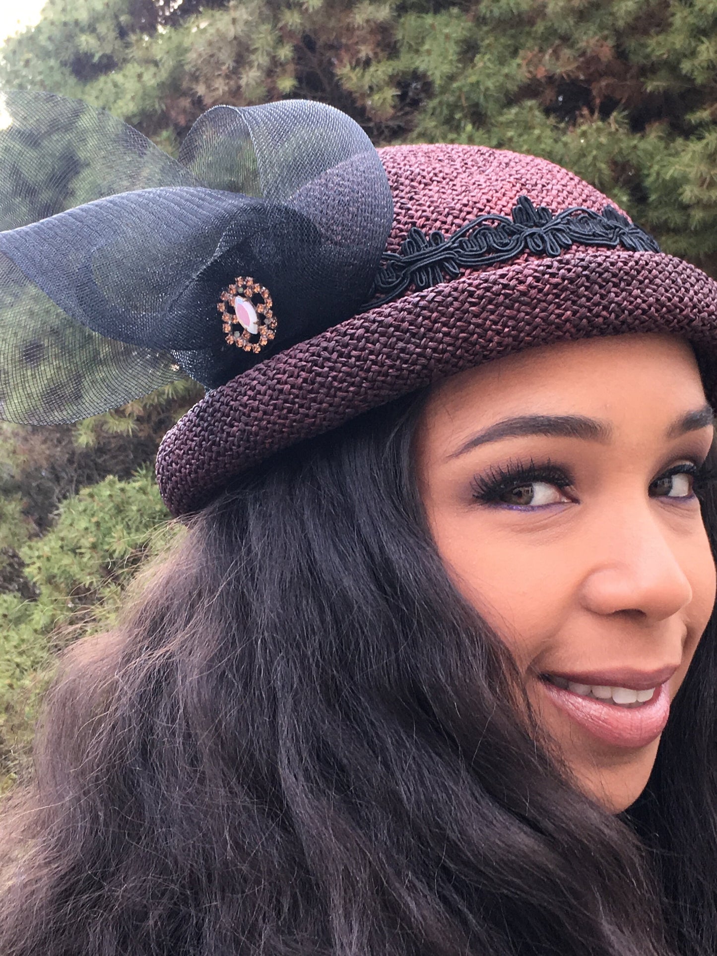 Burgundy Toyo Straw Rolled Brim Hat-Vintage Black Trim- Black Crinoline-Vintage Rhinestone Button-Wedding-Beach-Garden Party-Chic Summer Hat
