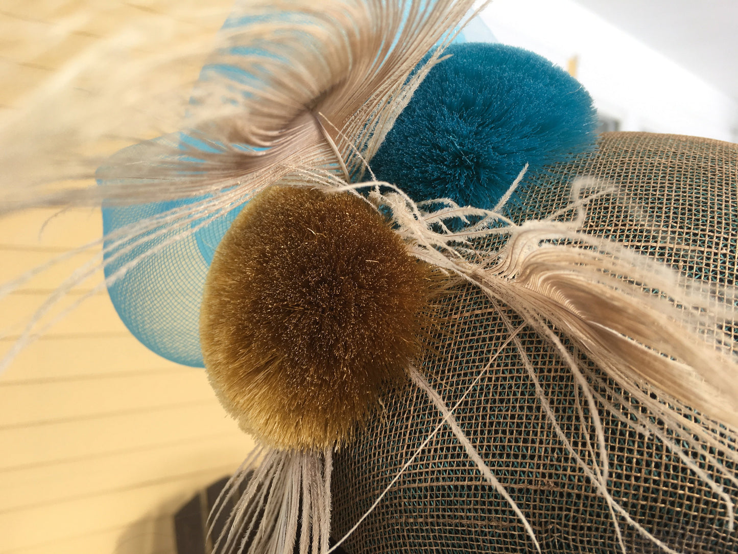 Taupe and Turquoise Sinamay Pill Box Hat-Silk Pom Poms-Peacock feathers-Crinoline-Race Track hat-Party hat-Royal Ascot-Belmount-Preakness