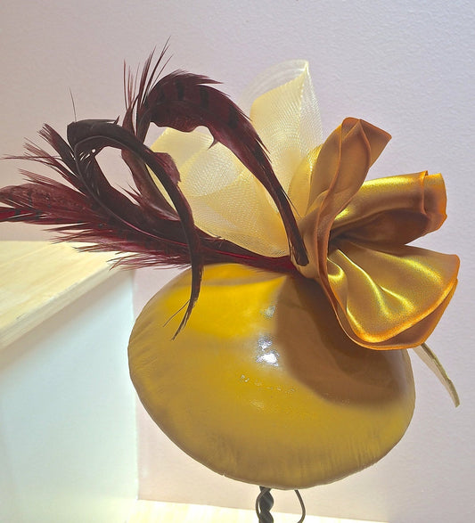 Yellow Patent Leather Fascinator, Headpiece with Yellow Silk ribbon and Red feathers, Summer Party Hat! Wedding hat or Cocktail Evening Hat.